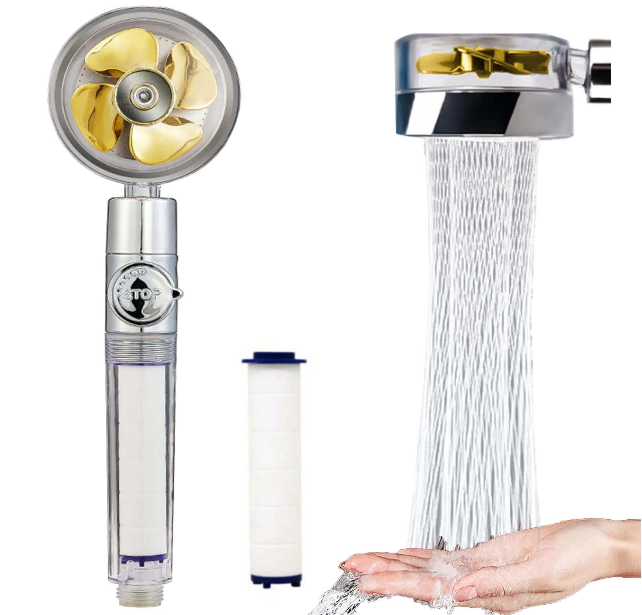 High Pressure Shower Head, Saving Propeller Shower Head with Filters, Vortex Shower Head Pause Switch, Hydro Jet Shower Head Easy Install, Handheld Turbo Shower Head 360 Degrees Rotating (Yellow)