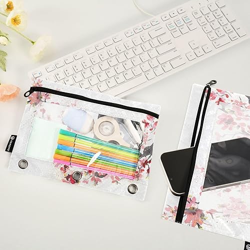 Miniatura 4 de Estuche para lápices de flores de cerezo para carpeta de 3 anillos con cremallera, bolsa transparente para lápices para oficina diaria, paquete de 2