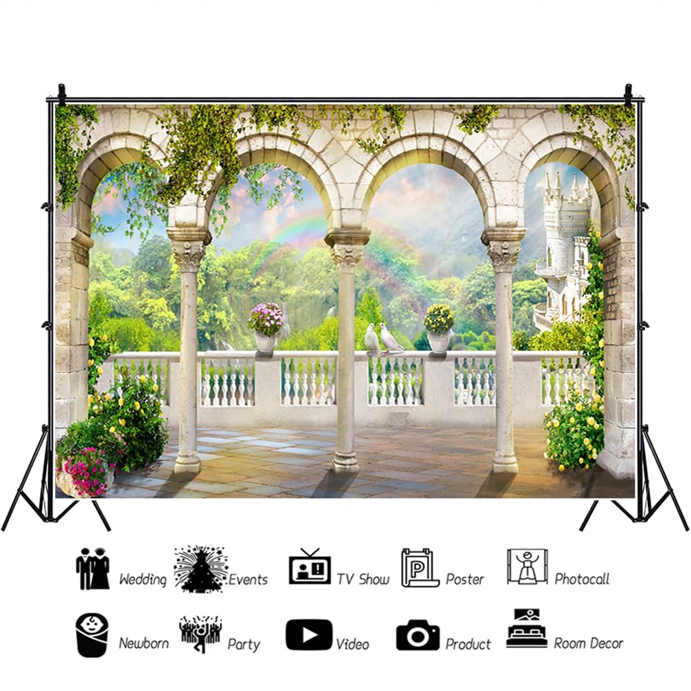 SDOTPMT 10x8ft Romantic Secret Garden Polyester Backdrop Arched Door Wedding Bridal Shower Engaged Theme Party Photography Backdrop Blue Sky Kids Lover Adult Wedding Photo Studio Props - Image 2