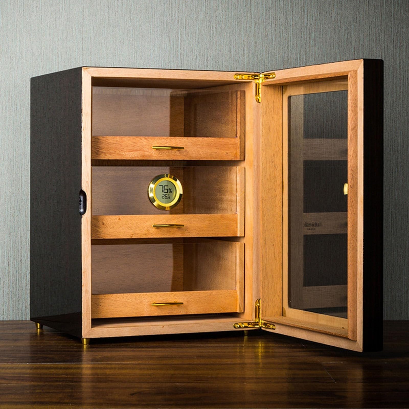 FHRKA Humidors Cigar Cabinet Cigar Humidor Cabinet with Digital Hygrometer, Spanish Cedar Lined Cigar Box with 3 Large Drawers