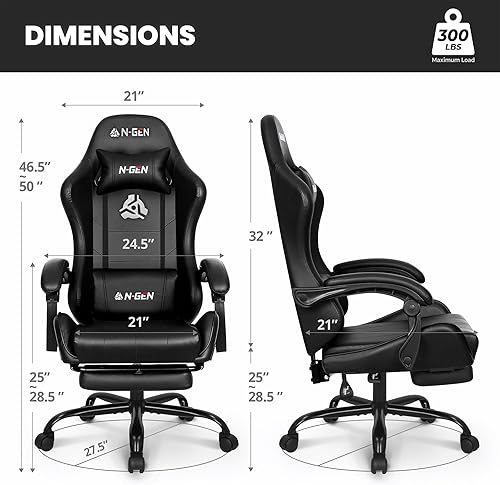 Miniatura 3 de N-GEN GAMING Silla de videojuegos con reposapiés, soporte lumbar para el hogar, oficina, respaldo alto, reclinable, altura ajustable, ergonómica,