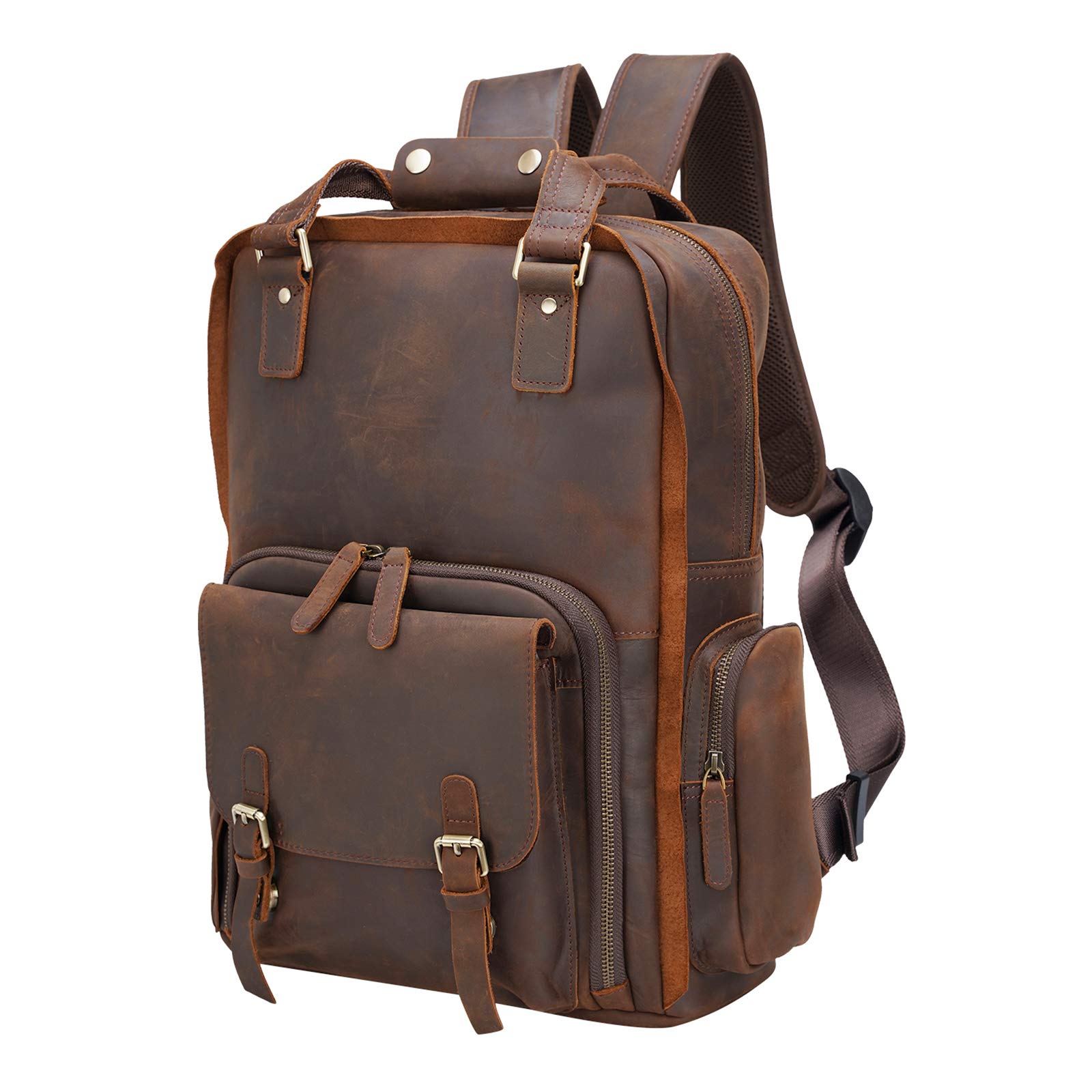 POLARE ORIGINAL Large Vintage Full Grain Italian Leather Backpack 15.6 Inch Laptop Bag Hiking Travel Rucksack for Men with Premium YKK Zippers Dark Brown, Dark Brown, Large, Rucksack Backpacks