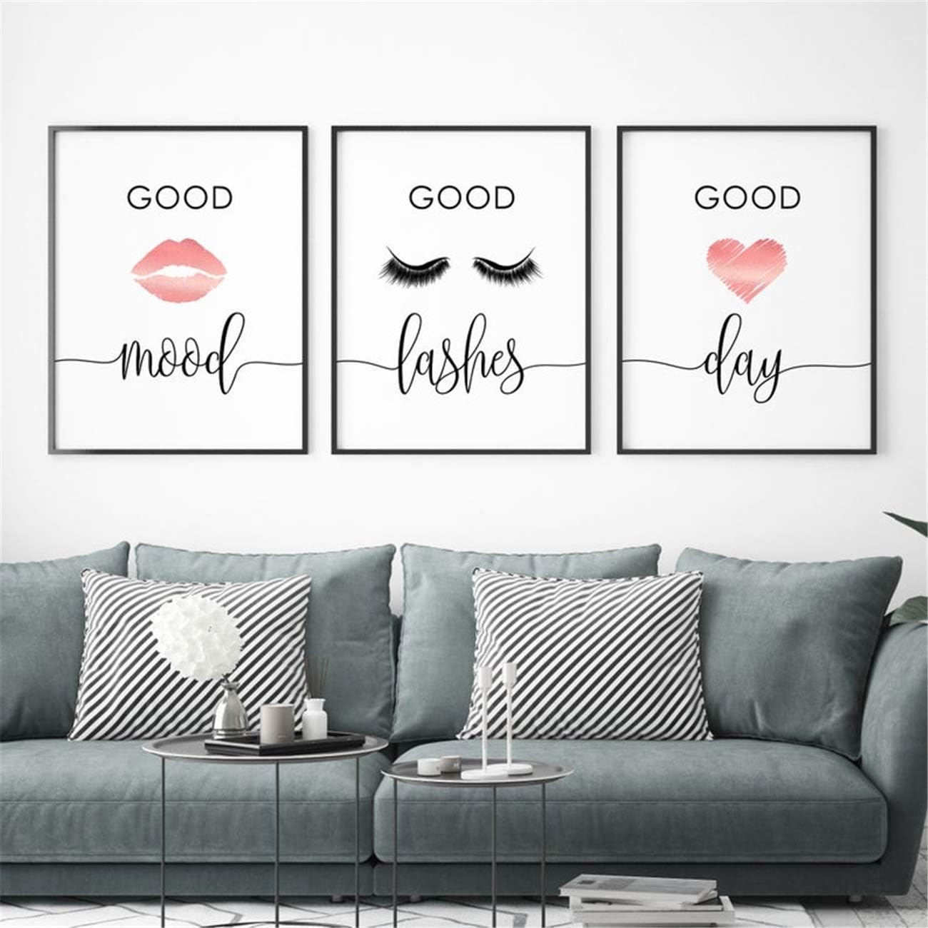 Eyelashes Wall Art Canvas 3 Piece Good Lashes Good Mood Poster Prints Painting Modular Pictures Framed Artwork for Beauty Salon Bedroom Decoration With Wooden Inner Frame