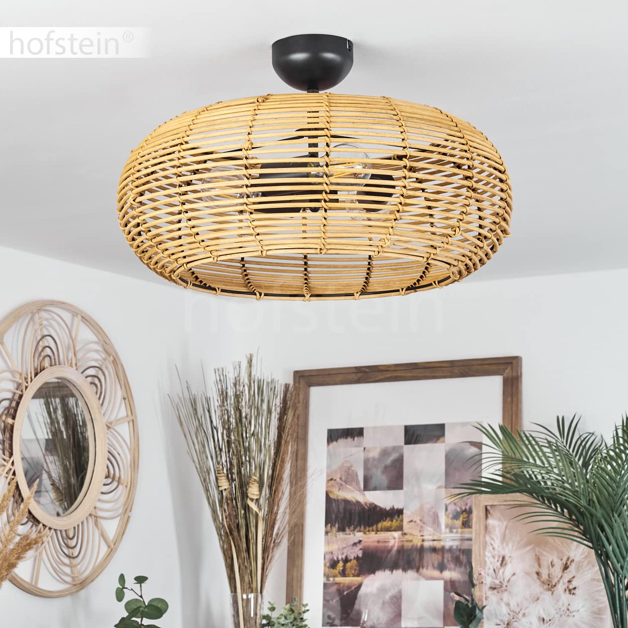 Lampada da soffitto Sepins, lampada in rattan/metallo in colore naturale/nero, design scandinavo, lampada boho con paralume a griglia e grande effetto luminoso, Ø 50 cm, E27, senza lampadina/e