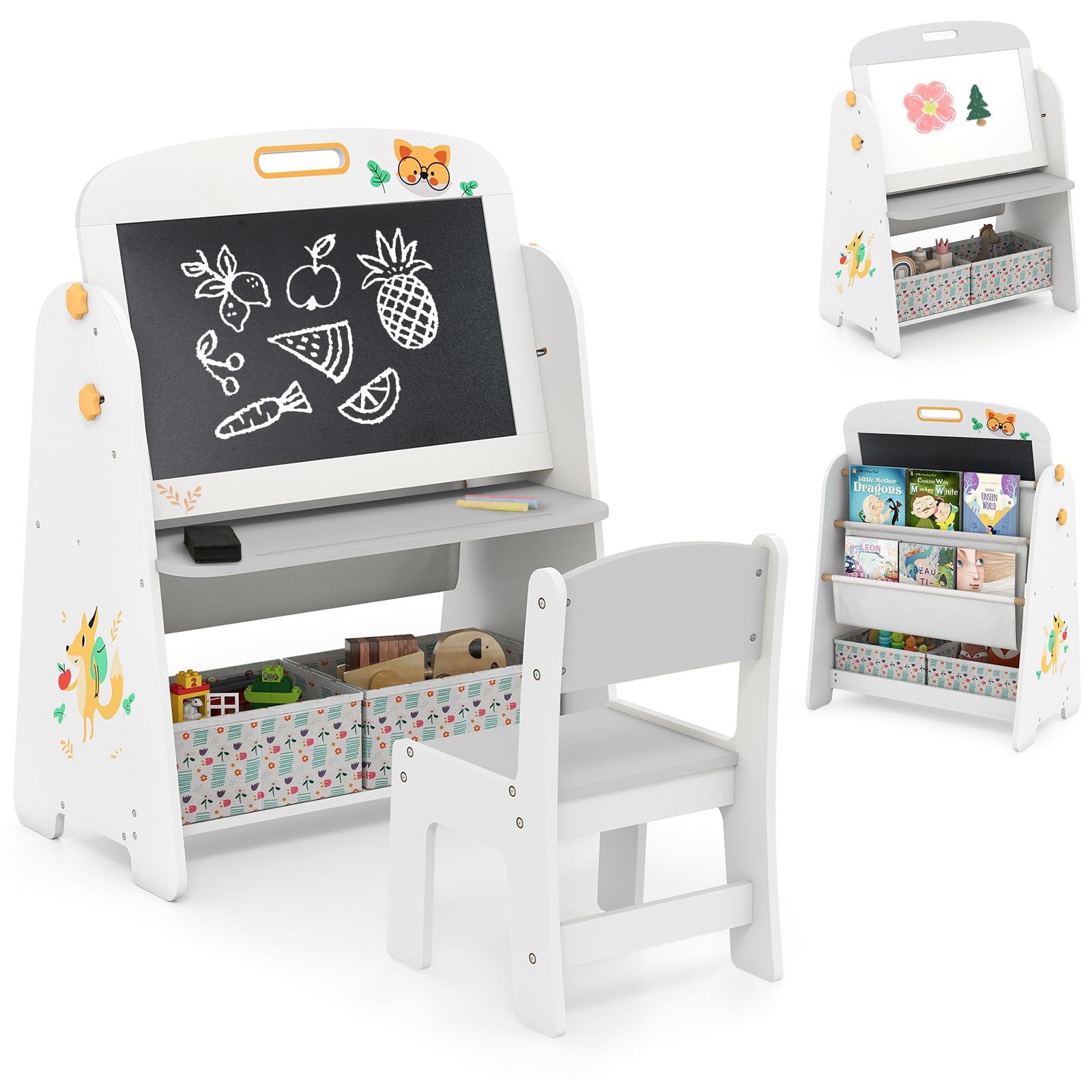 RELAX4LIFE Juego de Mesa y Sillas Infantil con Tema de Zorro, Pizarra Blanca Magnética, Pizarra Negra, Estantería de 2 Niveles y Cajas de Telas para Dibujar y Aprender (Gris)