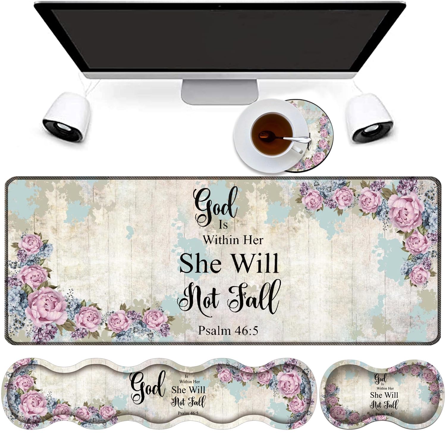 4 in 1 Mouse Pad Combo, Large Gaming Mouse Pad + Keyboard Wrist Support + Mouse Wrist Rest + Coaster, Table Pad with Stitched Edge Memory Foam