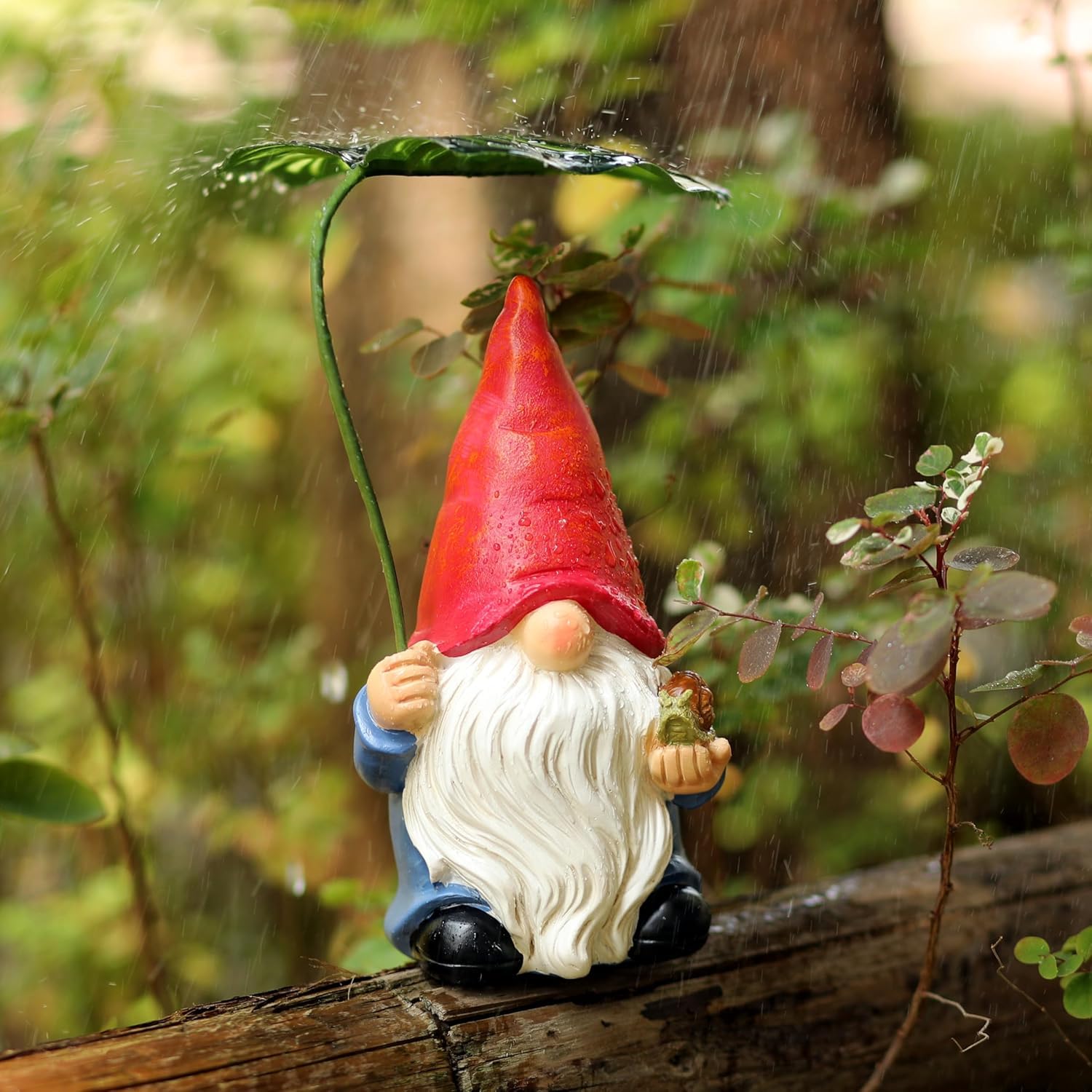 Statue de nain de jardin avec parapluie en feuille - Figurine décorative pour intérieur et extérieur, maison, terrasse, cour, pelouse, pour les amateurs de nains et les amateurs de jardin, maman