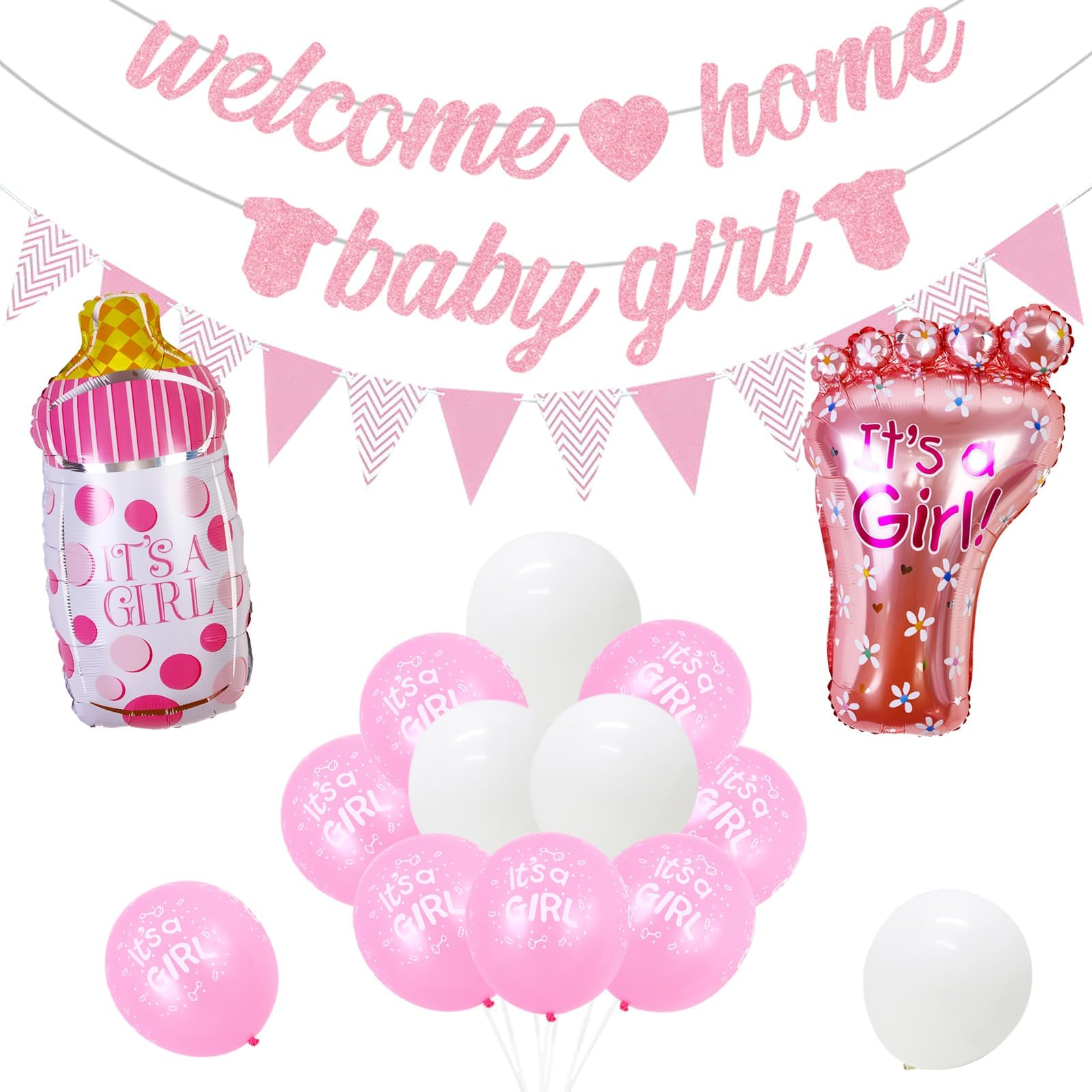 JOYMEMO Welcome Home Baby Girl Party Decoration, Pink Gender Reveal Decoration with Glitter Banner/Baby Bottle, Foot-shaped Foil Balloons, for Newborn Baby Girl Welcome Party, Christening, Baby Shower