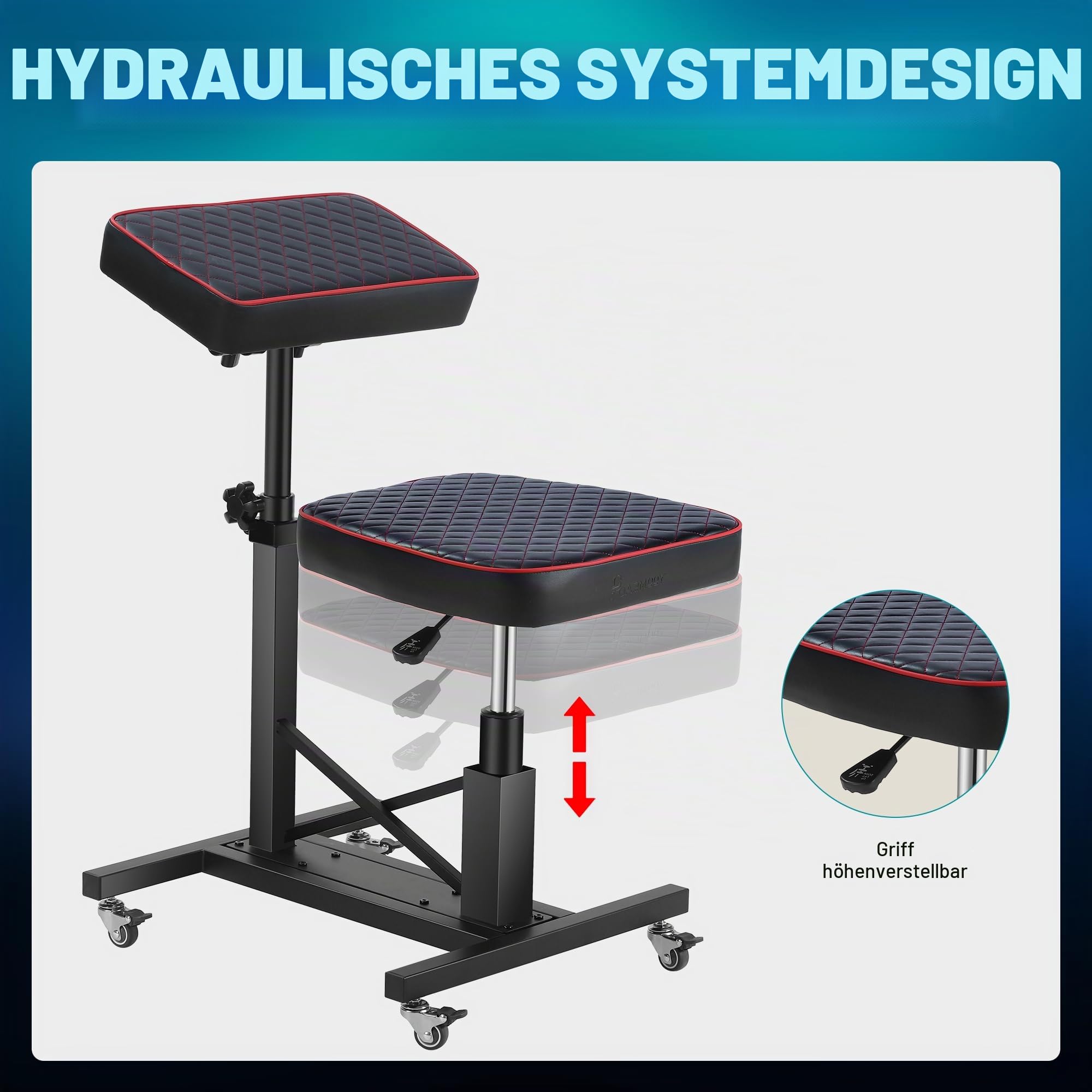 Poarmeey Tätowierstuhl aus Eisen mit Hydraulischer Höhenverstellung | Hochdichte Schaumstoffpolsterung, Rotes Karomuster, Gummirollen, Kombinations-Armlehne, Für Kunden & Künstler