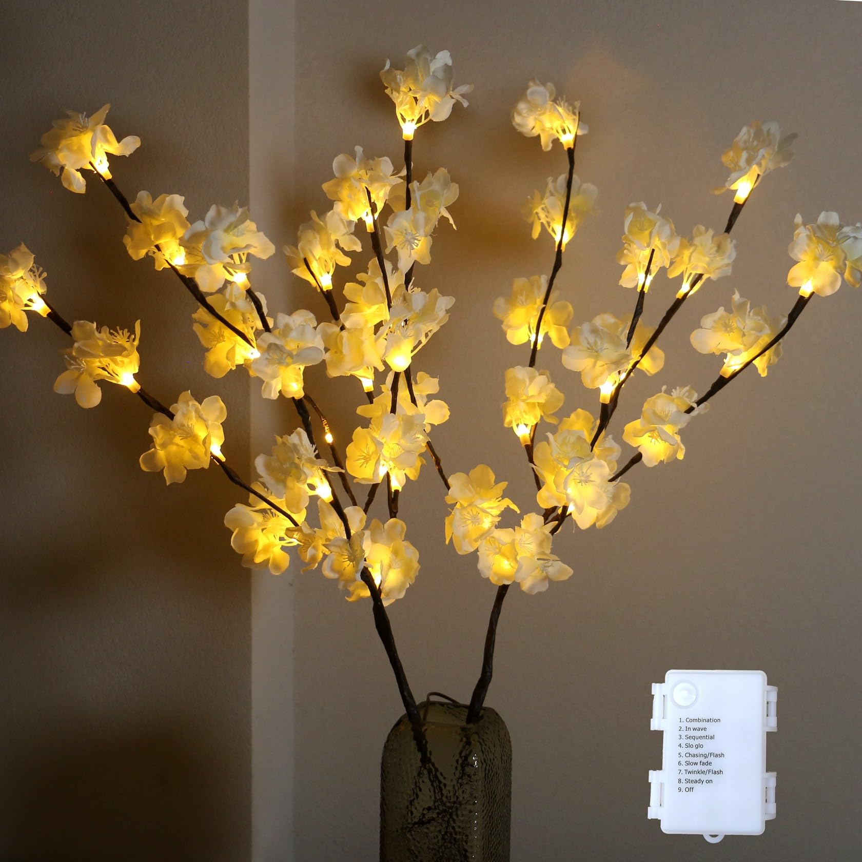 Prelit Lighted Tree Branches, LED Branch Lights with Cherry Blossoms Flowers, Battery Operated Fairy Light with Timer, Decorative Sticks Nights Ambient Lights for Vase Bedroom Christmas Party (White)