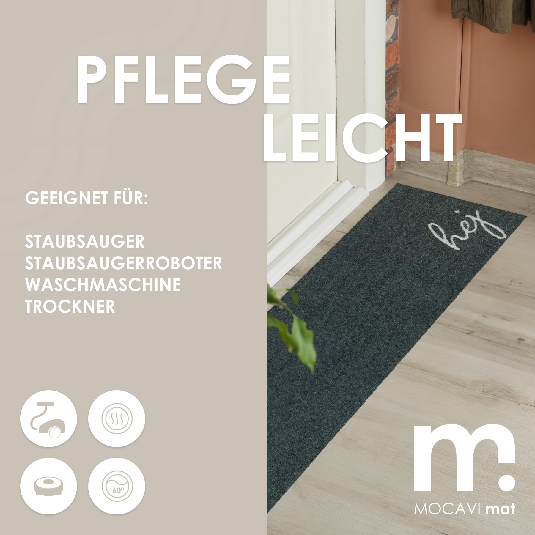 MOCAVI Mat Fußmatte Schuhparkplatz 30x100 cm waschbar warm-grau Hej Scandi Schuh-Teppich lang, schmal, Schuhe ausziehen, Deko sbereich innen, außen, Matte, Haustür, Stiefelmatte