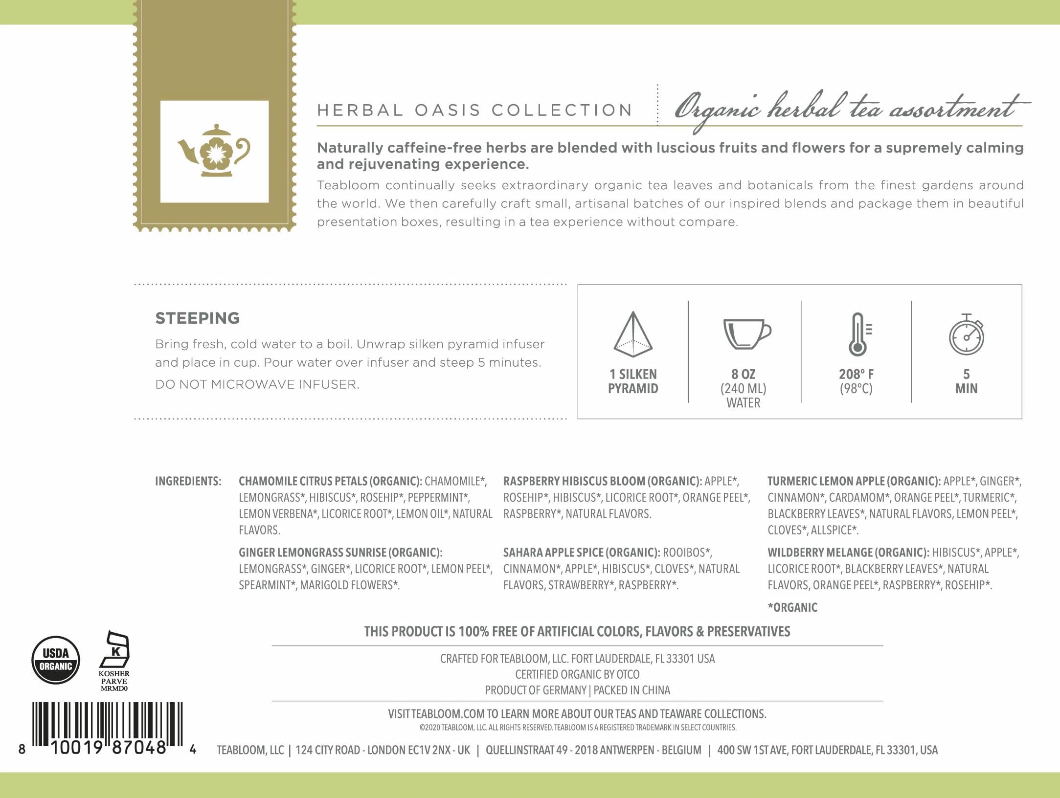 Teabloom Organic Herbal Oasis Pyramid Tea Presentation Box, 12 Assorted Herbal Tea Blends, USDA Certified Organic Whole-Leaf Pyramid Tea Sachets