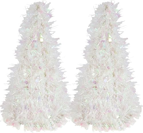 KRE - Árbol blanco iridiscente de Navidad de color blanco de oropel de 10 pulgadas mesa en forma de cono para escritorio de oficina suministros de