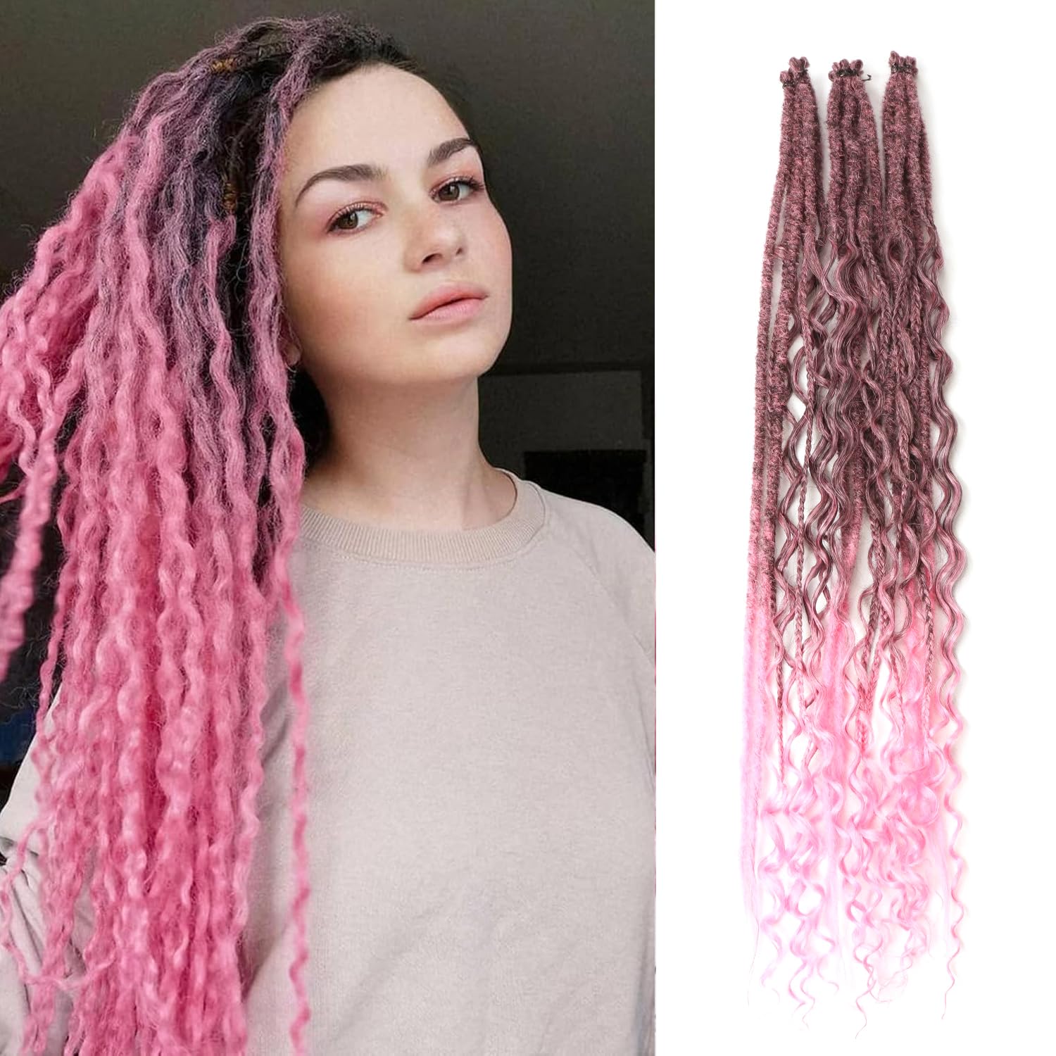 24 Inch Synthetic Dreadlock Extensions Hippie Single Ended Dreads 0.6 cm Width Loc Extensions Reggae Style Crochet Hair for Women (T1B/Pink