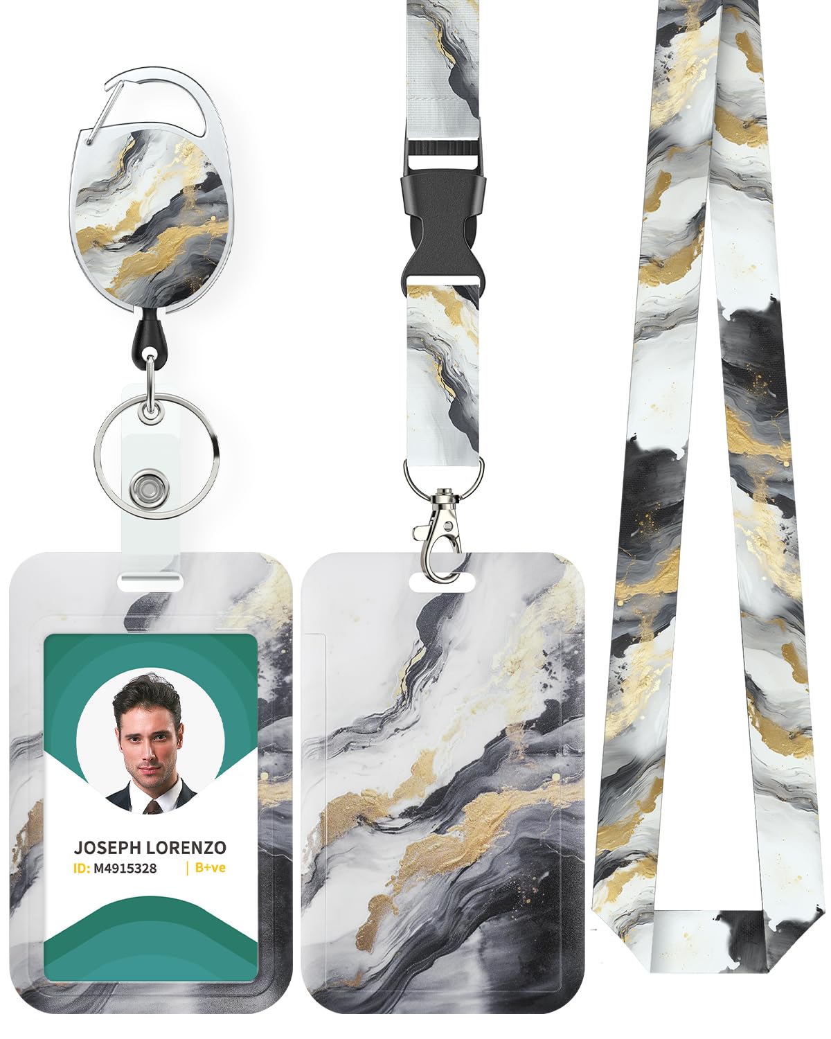 Uniclife Marbling Sliding Badge Holder Black & White Marble Pattern Plastic Card Holder with Retractable Badge Reel Carabiner Detachable Lanyard Vertical Card Protector for Office Worker Nurse Teacher