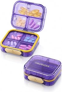 Travel Pill Organizer, Weekly Pill Box 7-Day, Vitamin and Supplement Portable Travel Case for Pockets and Luggage, Airtight and Moisture-Proof Triple-Layer Seal (Purple)