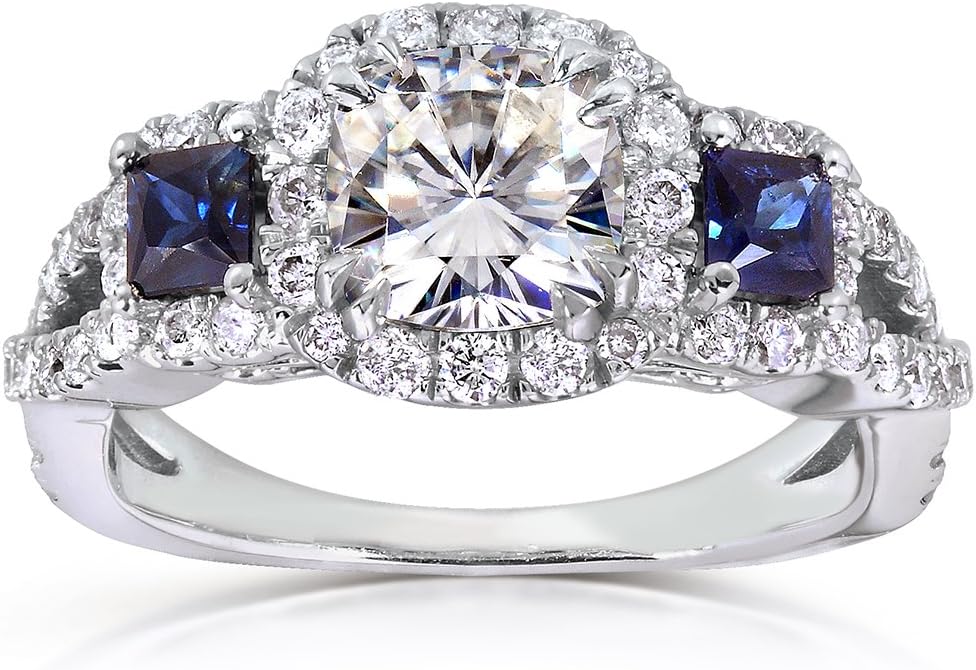 Kobelli Near-Colorless (F-G) Moissanite Engagement Ring with Sapphire & Diamond 2 CTW 14k White Gold