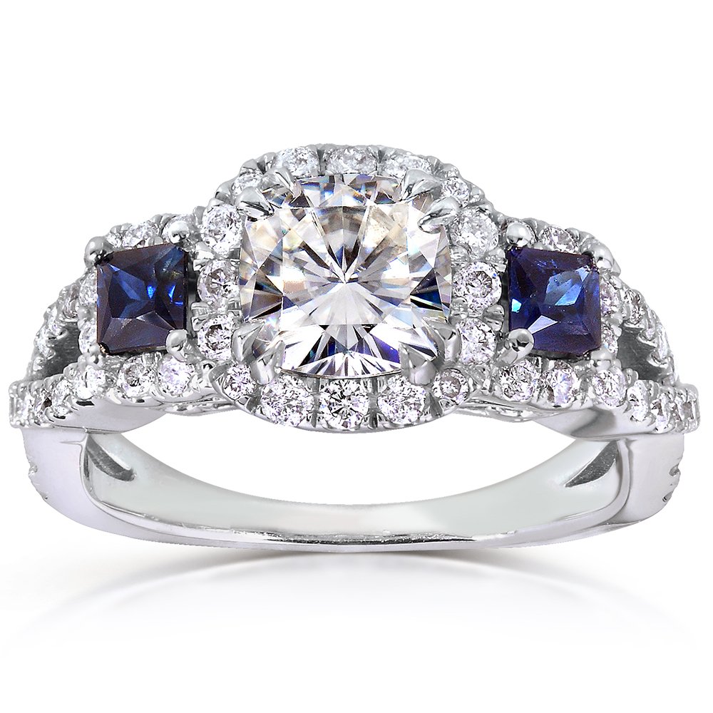 Kobelli Near-Colorless (F-G) Moissanite Engagement Ring with Sapphire & Diamond 2 CTW 14k White Gold