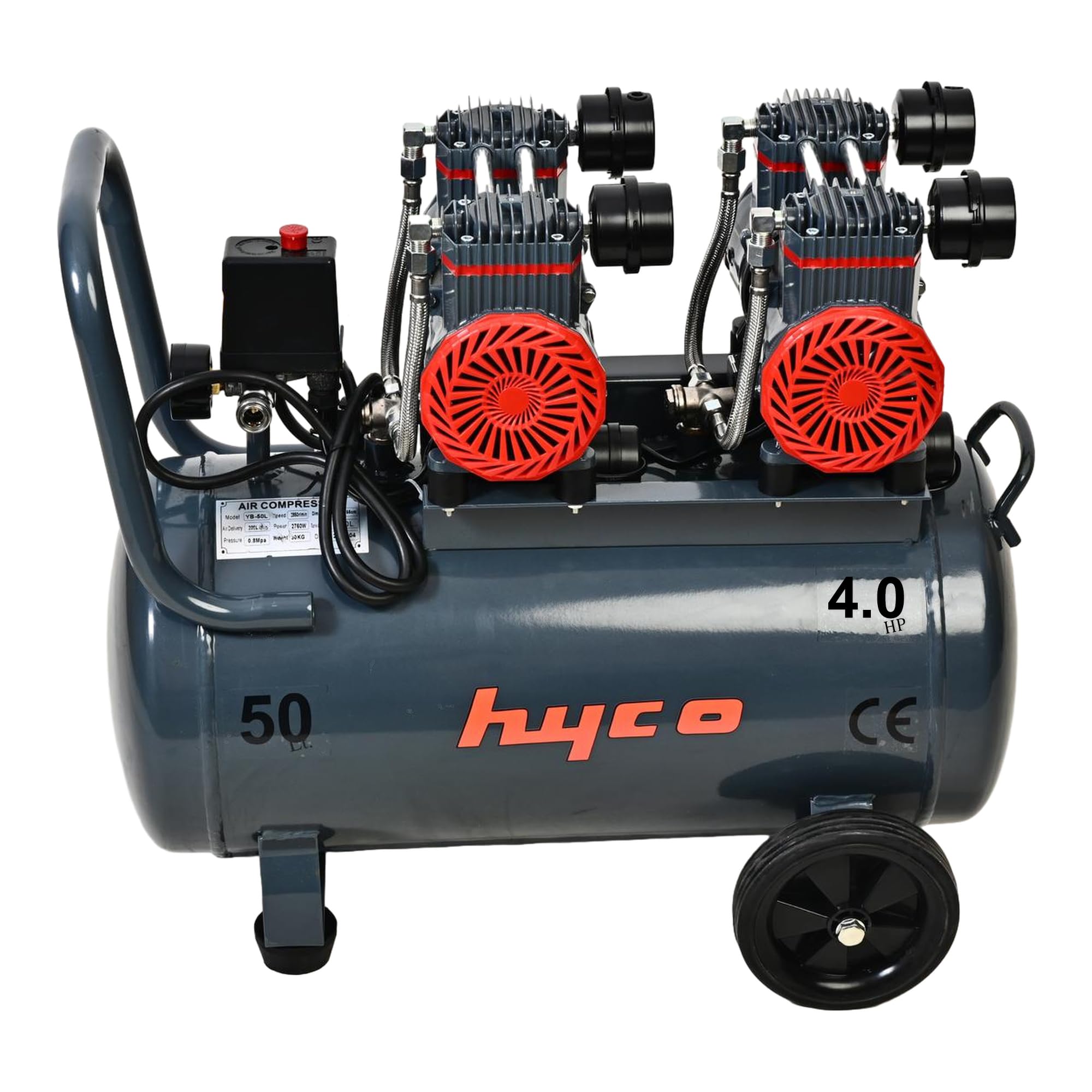 HYCO 4HP 50L Double Motor Oil Free Silent Air Compressor High Speed With Rapid Fill Technology 100% Copper Winding - Image 4 thumbnail