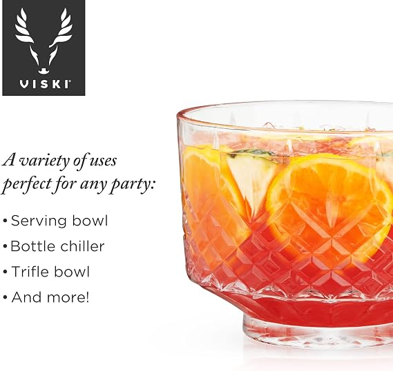 Viski Admiral Crystal Punch Bowl - Vintage Style Glass Punch Bowl for Parties - Serveware for Cocktails, Dishwasher Safe 2.5 Gallons 320oz Set of 1.