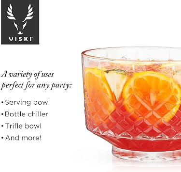 Viski Admiral Crystal Punch Bowl - Vintage Style Glass Punch Bowl for Parties - Serveware for Cocktails, Dishwasher Safe 2.5 Gallons 320oz Set of 1.
