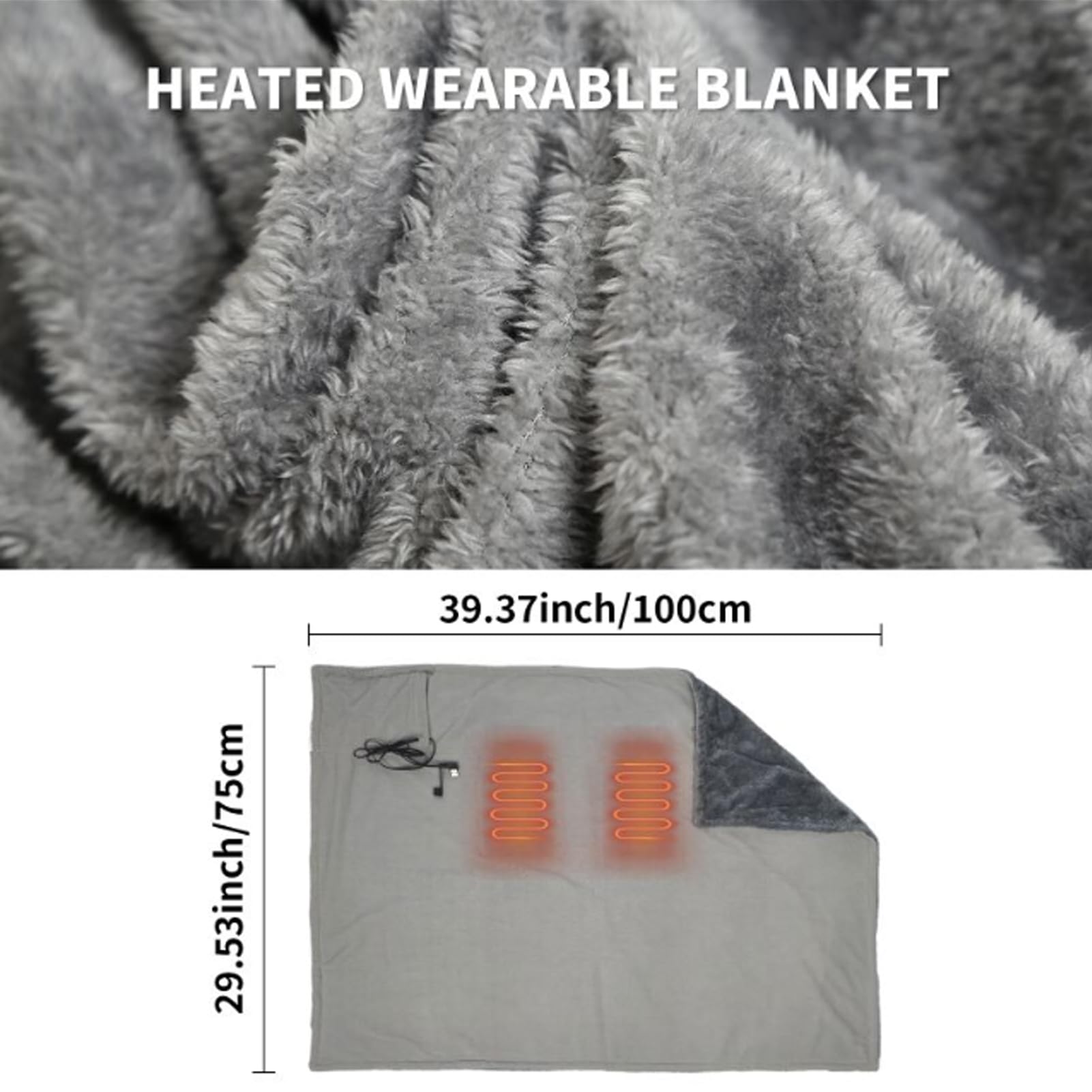 Coperta Riscaldante Elettrica Senza Fili, Indossabile Coperta Termica Elettrica USB 3 Livelli Di Temperatura Morbida Termocoperta Lavabile per Casa, Ufficio, Auto, Campeggio (100x75cm)