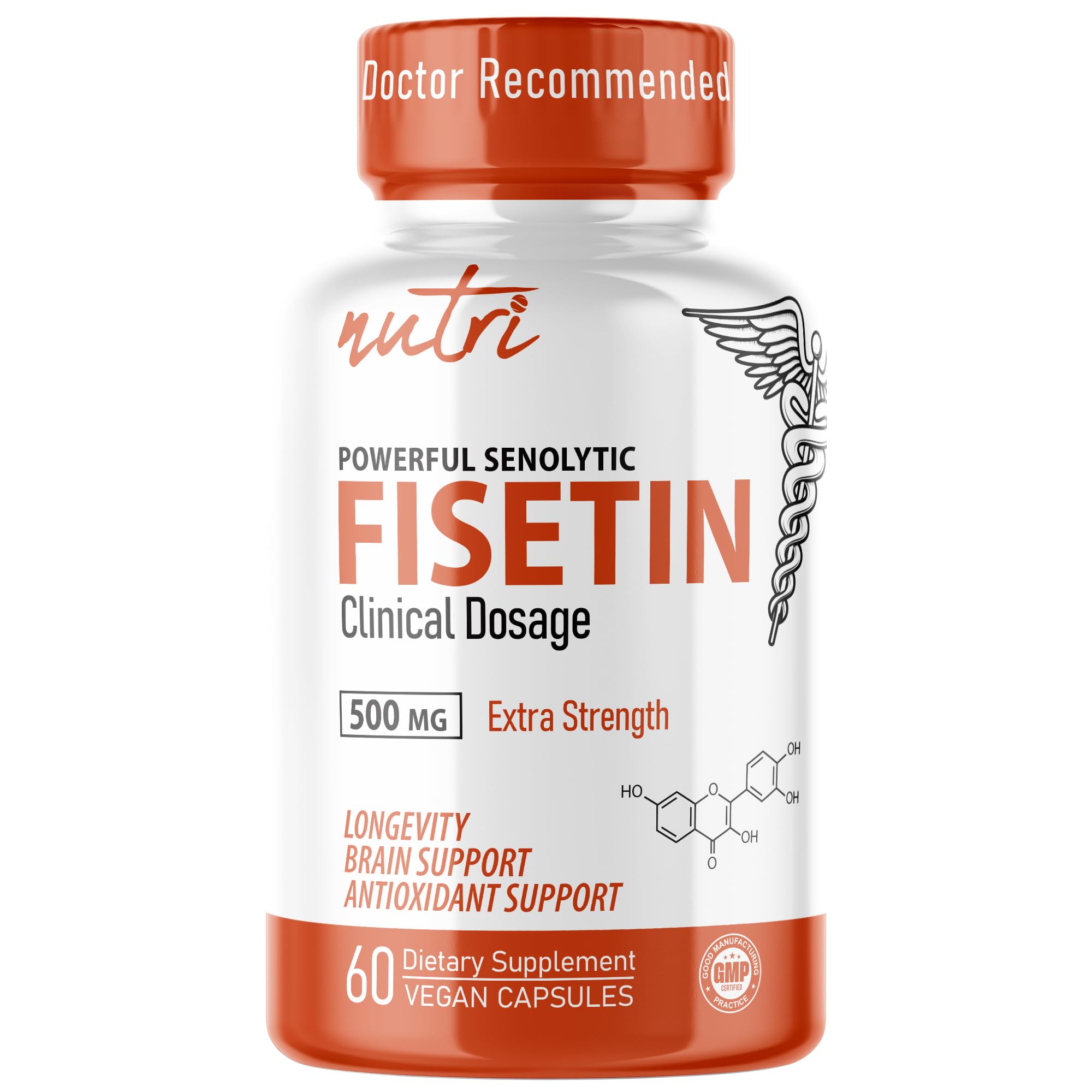 Nutri Fisetin 500mg 60 Count - Clinical Dosage - Fisetin Supplements - Powerful Senolytic Activator, Antioxidant, Heart & Brain Support - Natural Polyphenols - 60 Count - 3rd Party Tested for Purity