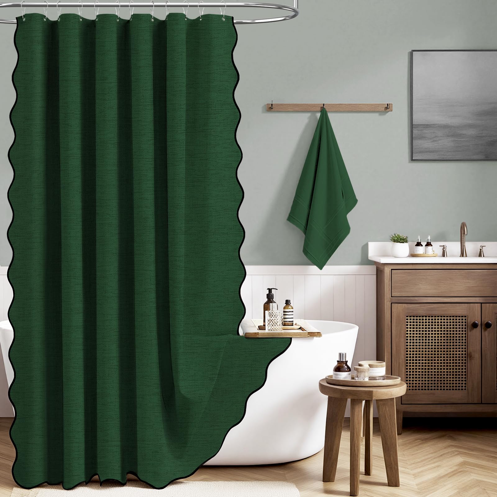 BTTN 184 x 200cm Dark Green Scalloped Shower Curtain, Long Boho Linen Look Textured Bathroom Curtains, Anti-Mould & Waterproof, Weighted Shower Curtain Set with 12 Plastic Hooks, Emerald Green