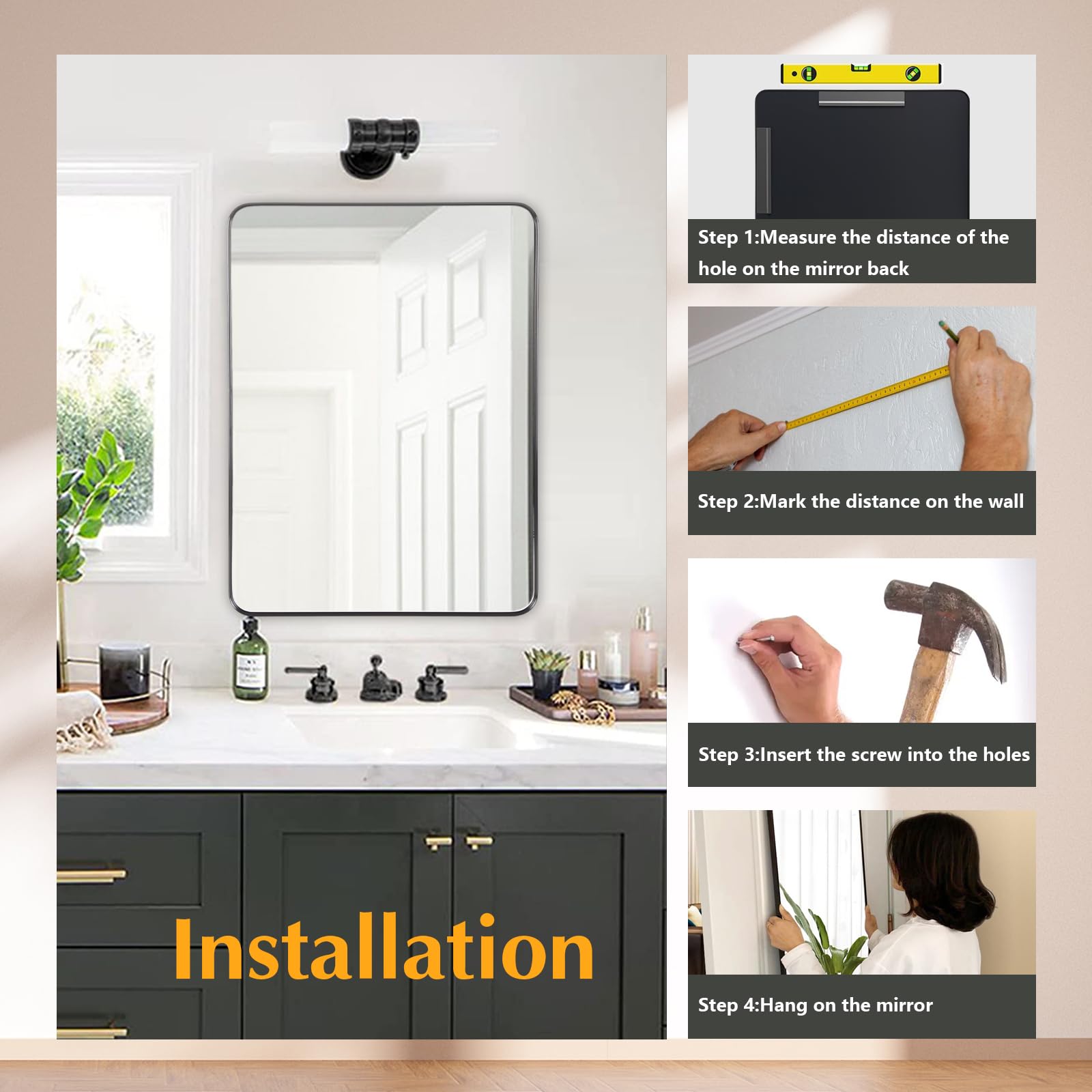 24x36 Inch Bathroom Mirror with Thick Frame,Bathroom Mirror for Over Sink,Round Edge Frame Black Mirror,Vanity Mirror,Wall Mirrors Decorative,Barber Mirror for Bedroom,Bathroom,Living Room Mirror