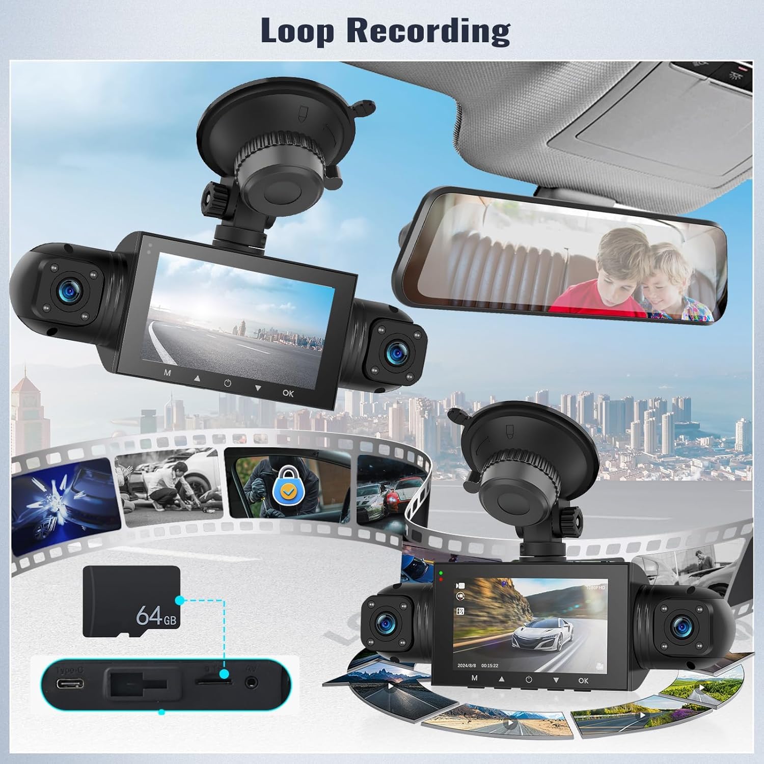 1080P Kamera samochodowa z 4 kamerami 360° Ekran IPS 3″ Widzenie nocne Monitorowanie podczas postoju Czujnik G Uniwersalna instalacja