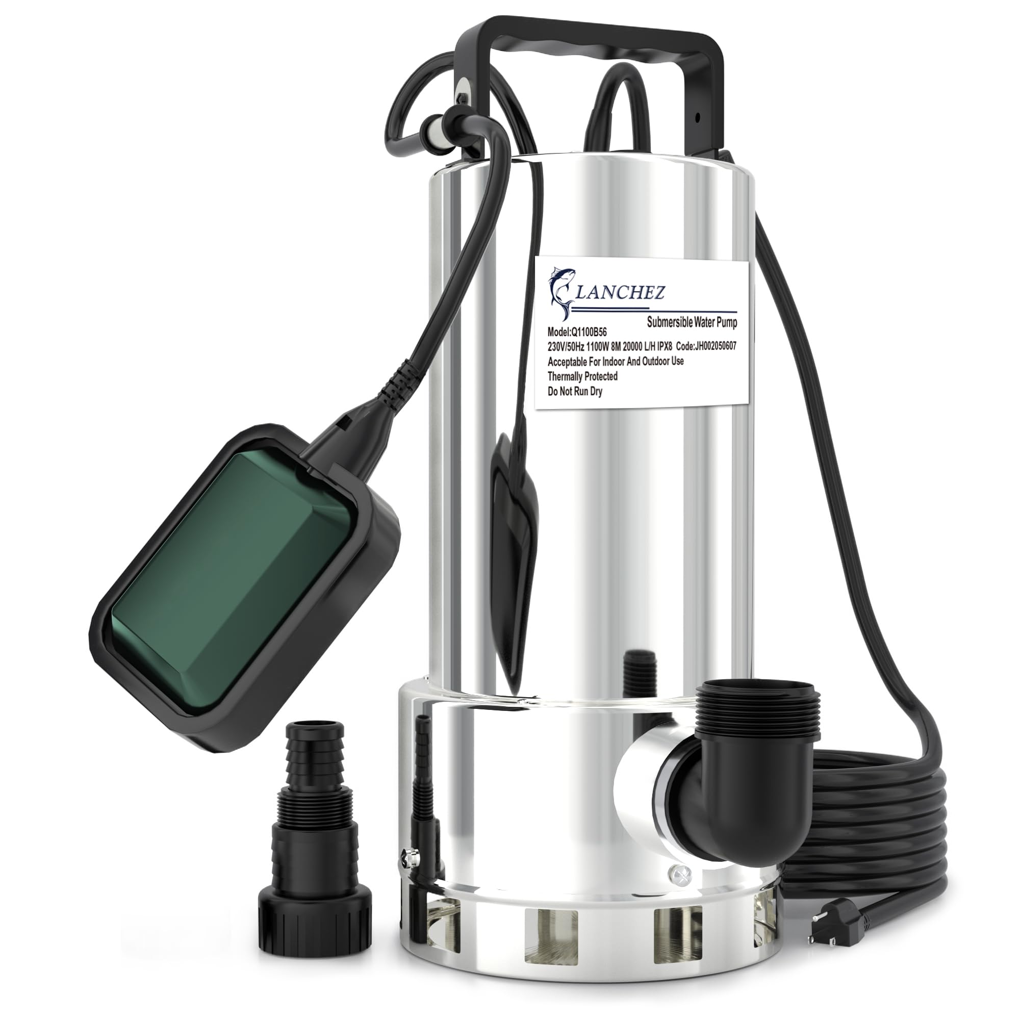 LANCHEZ Bomba sumergible de agua sucia de 1100 W, 20.000 l/h, altura máxima de extracción 8 m, profundidad máxima de inmersión 7 m, con interruptor de flotador automático, cable de alimentación de 10