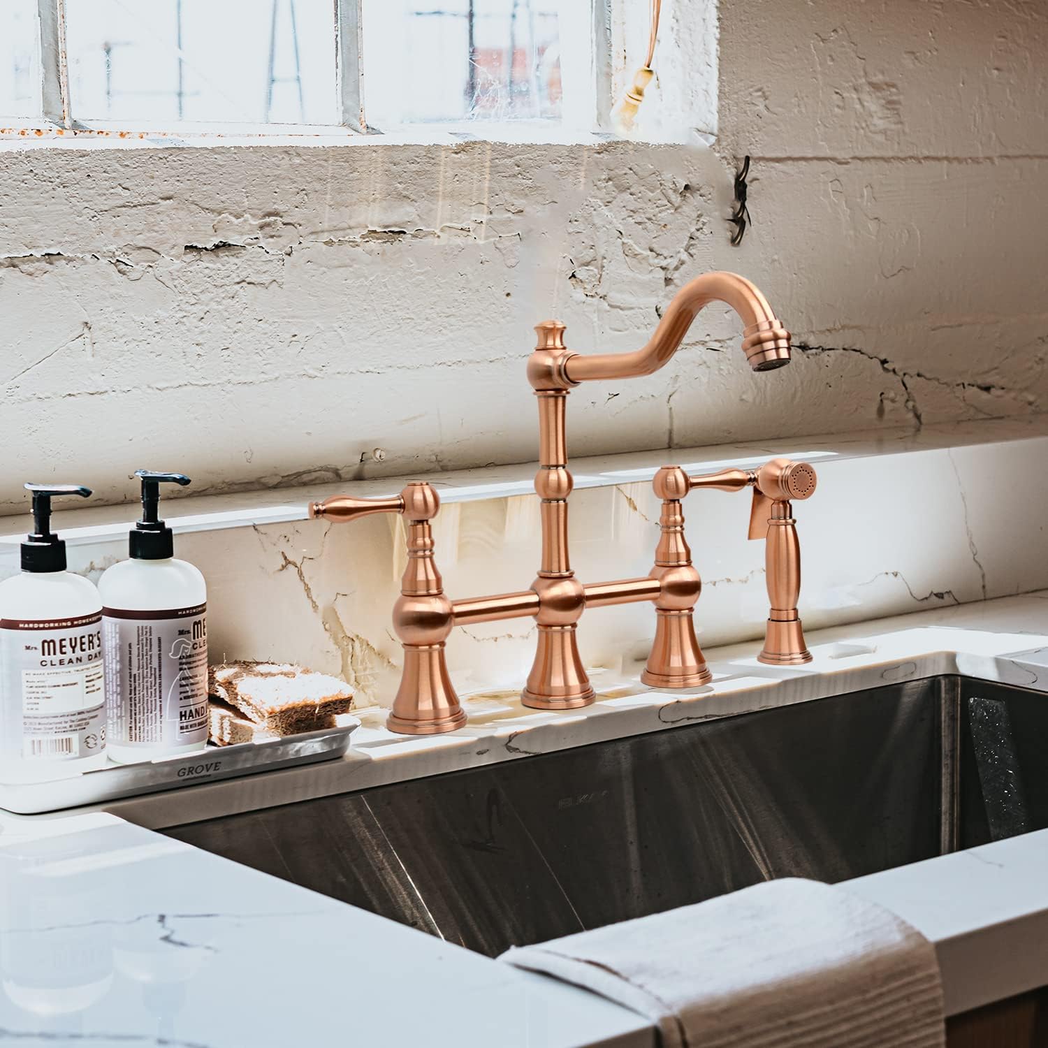 Akicon Two-Handles Copper Bridge Kitchen Faucet with Side Spray - 5 Years Warranty …