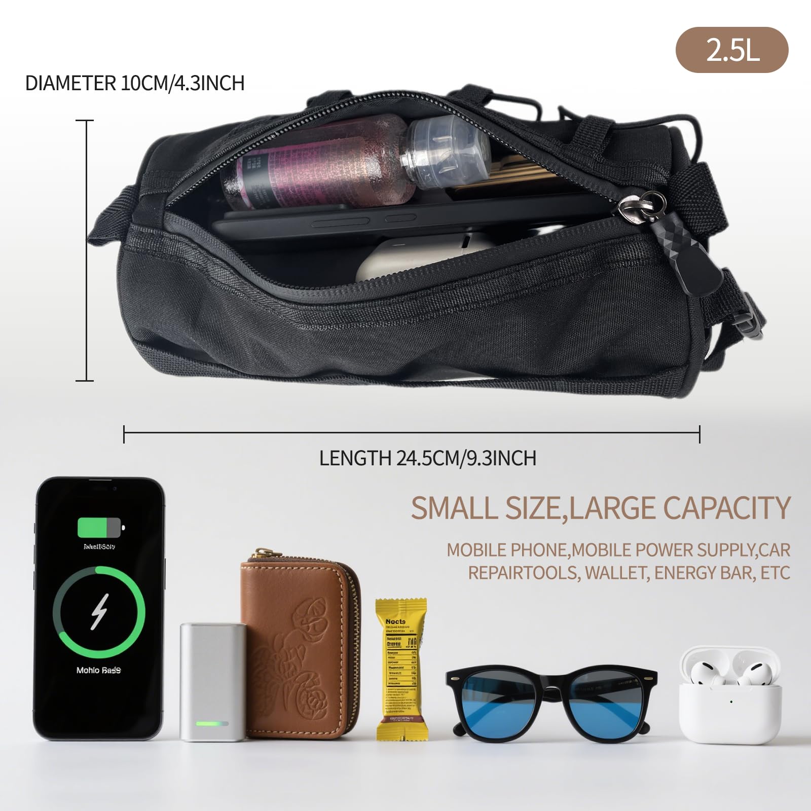 Borsa da bicicletta impermeabile manubrio MTB 2,4L con corda elastica