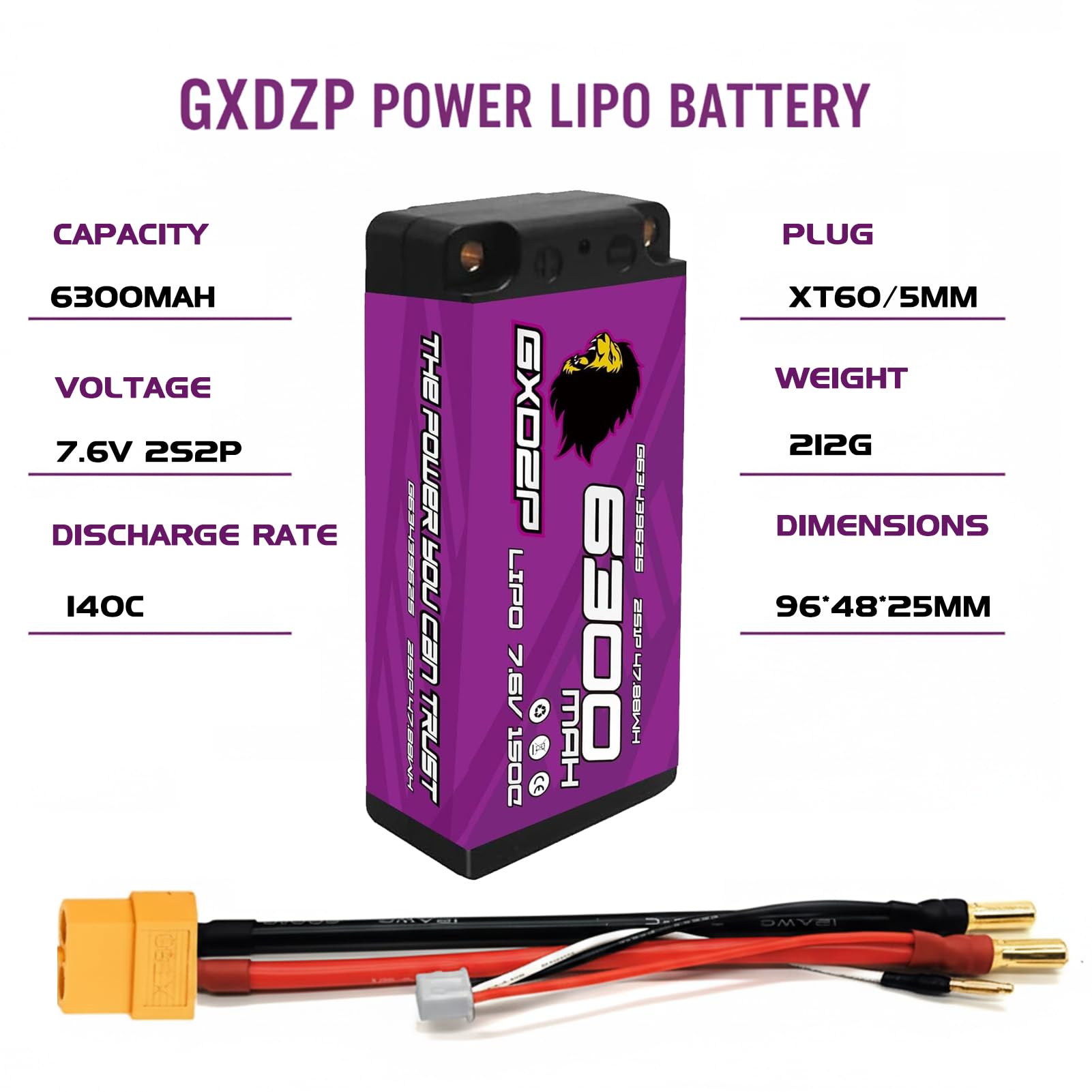 Batteria LiPo 2S da 7,6 V, 6300 mAh, 150 C, custodia rigida XT60, connettore da 5 mm, ad alte prestazioni, per auto, buggy, camion, aereo, barca, confezione da 2 pezzi