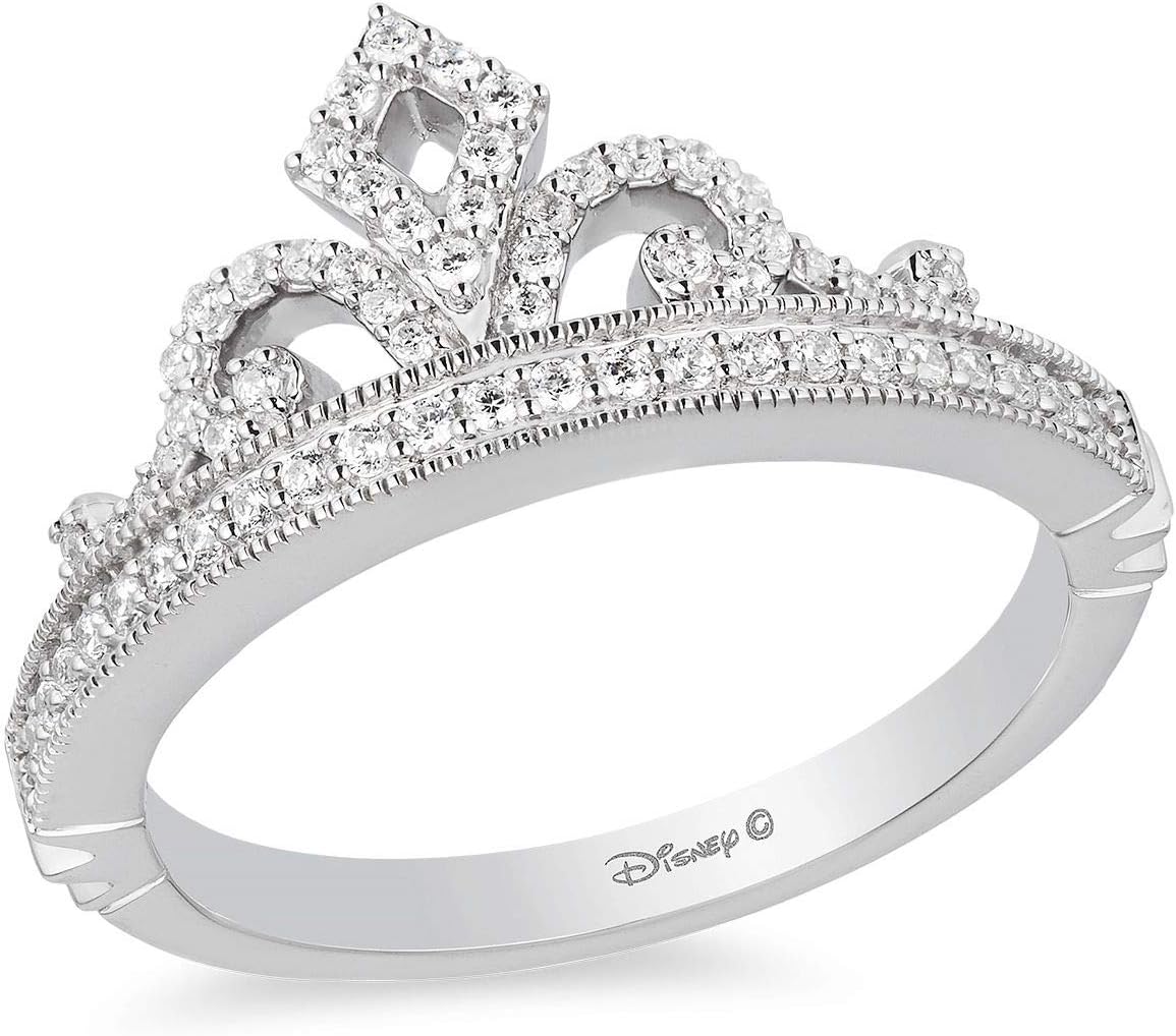 Jewelili Enchanted Disney Fine Jewelry Sterling Silver 1/4 Cttw Diamond Disney Princess Tiara Ring.