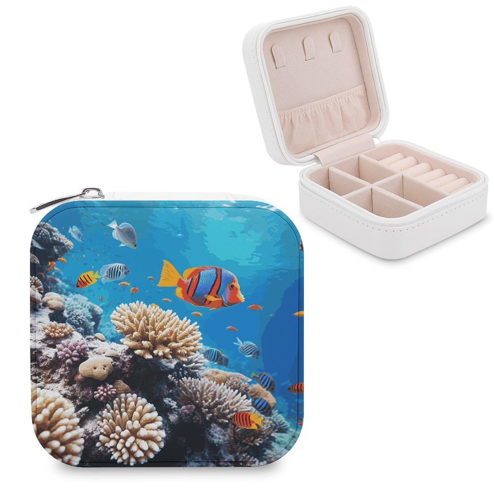 MUSM Ocean Tropical Fish Coral Travel Jewelry Case Personalized PU Leather Jewelry Boxes for Women Small Portable Jewelry Organizer Box Cute Trinket Box for Necklaces Rings Earrings & Gifts
