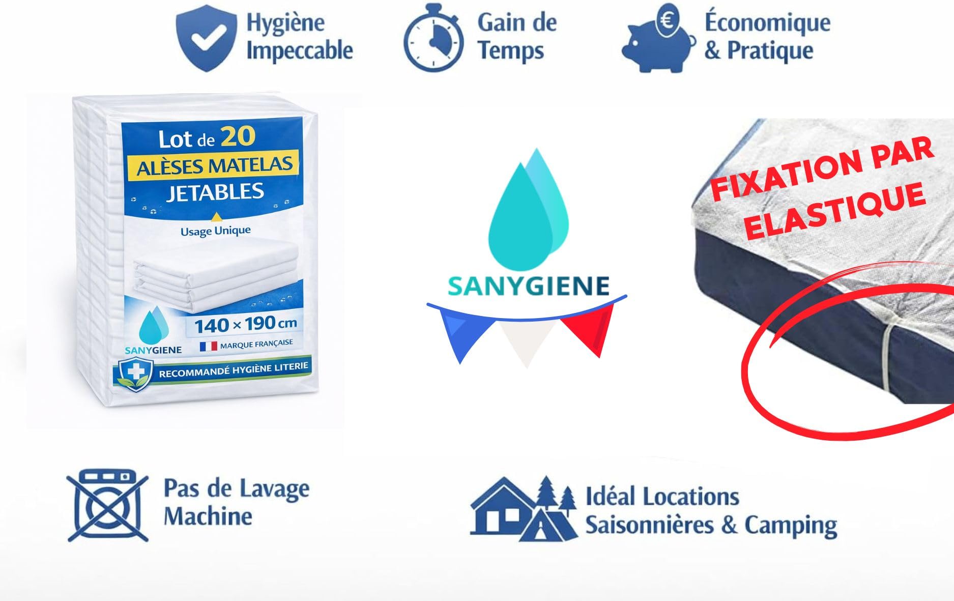 SANYGIENE | Alèse Matelas Jetable 140X190 cm | Lot de 20 Alèses Elastiques | Non Lavable | Hygiène Literie Médical - Tourisme - Location Saisonnière | Protection Anti Tâches et Salissures