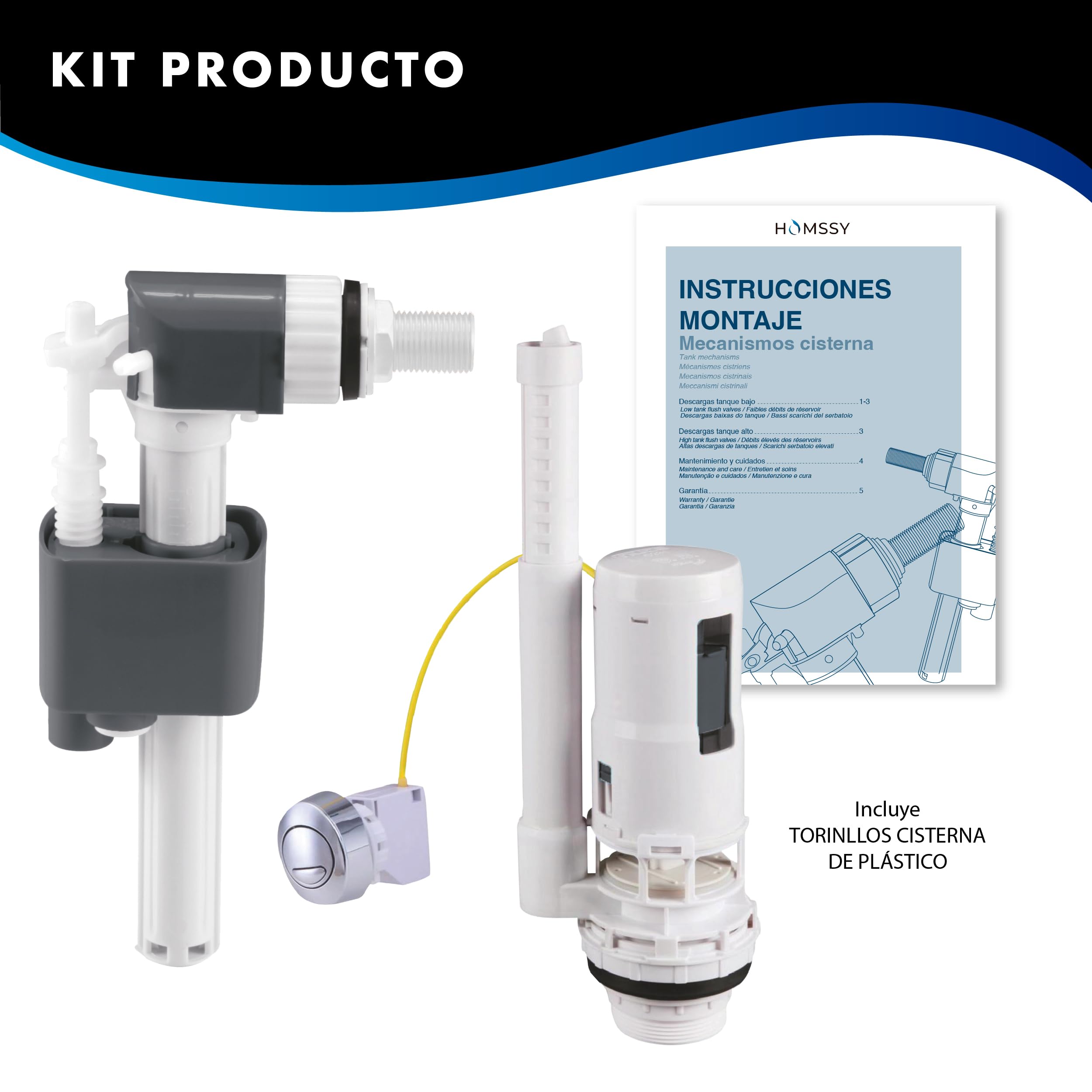 Kit Cisterna WC Completo – Mecanismo Descarga Doble Pulsador con Cable + Flotador Lateral 3/8", Válvula Llenado y Descarga Universal, Instalación Fácil, Ahorro de Agua