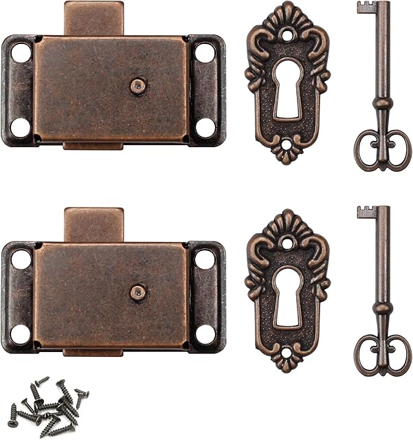 quiodok 2 Pcs Antique Cabinet Door Lock Sets, Antique Cabinet Lock with Key, Vintage Cabinet Door Lock for Wardrobes, Cabinets, Drawers, Boxes
