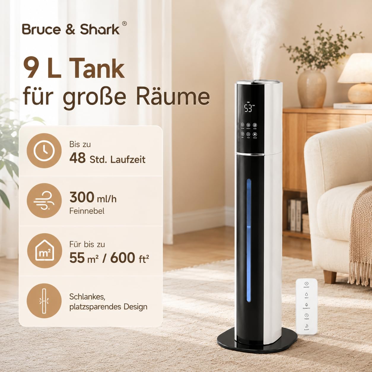 Bruce & Shark Humidificateur d'air de grande capacité 9 l avec diffuseur d'arômes, brume de 300 ml/h, stérilisation UV, mode veille, télécommande et minuterie pour chambre à coucher, bureau et plantes