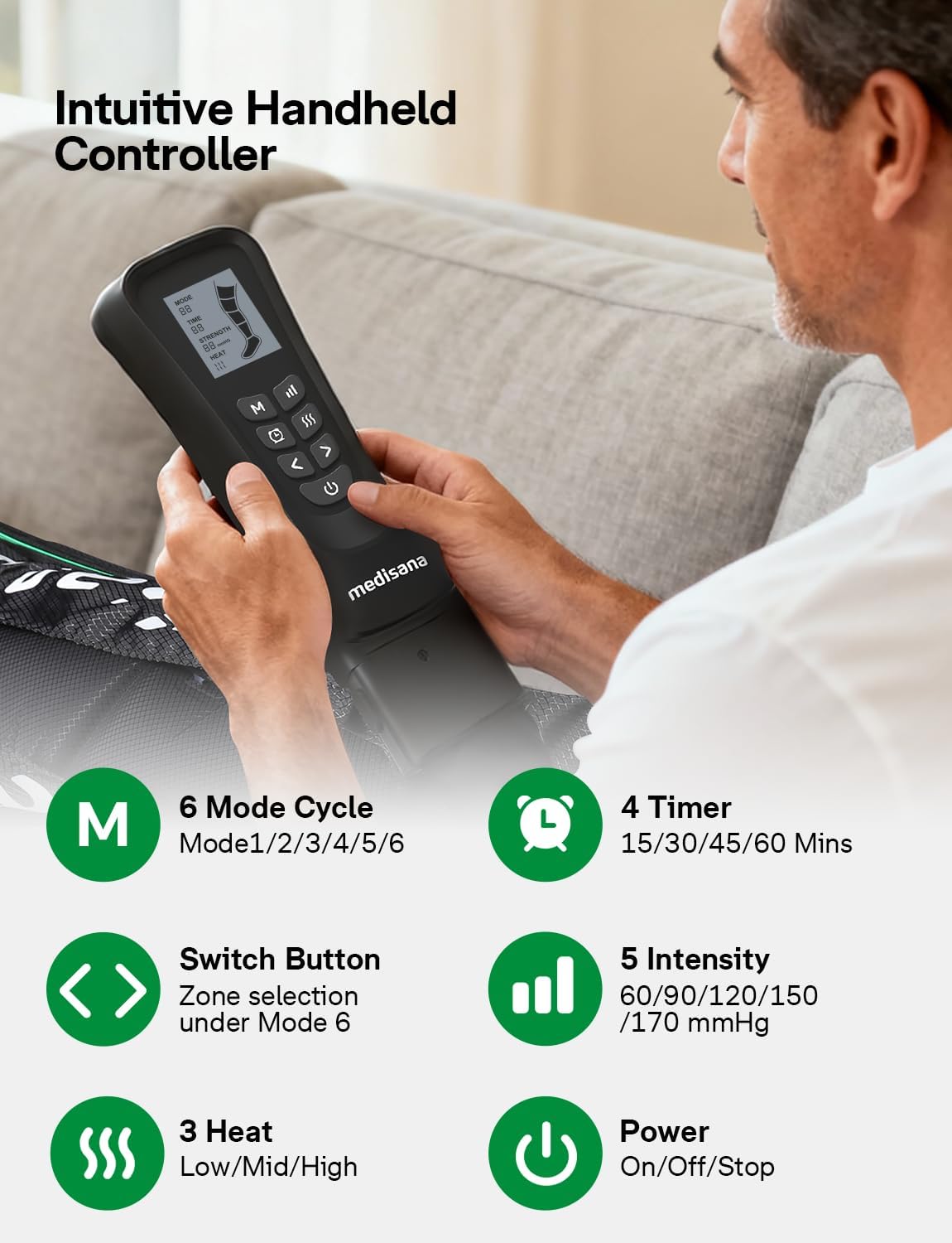 Medisana Leg Massager with Heat and Compression, Full Leg & Foot Massager Compression Boots with 6 Modes, 5 Intensity and 3 Heat for Circulation and Pain Relief - Gifts for Mom, Dad, Athletes, Gym - Image 4