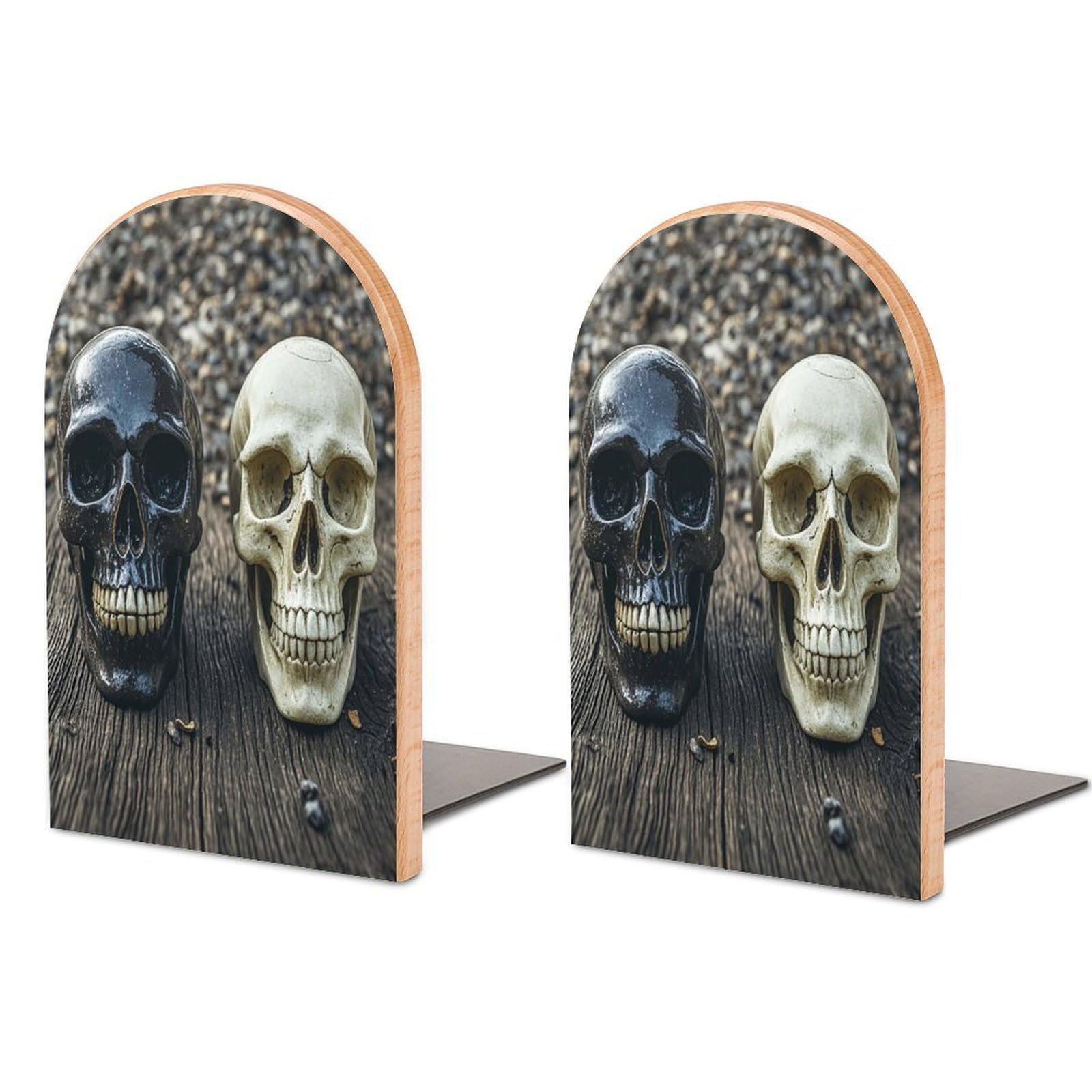 Skull on The Ground Bookend for Shelves Unique Book End Sturdy Books Holder Heavy Duty Wooden Bookends Support Non-Slip Book Organizers Decorative Modern Bookend Holder for Home