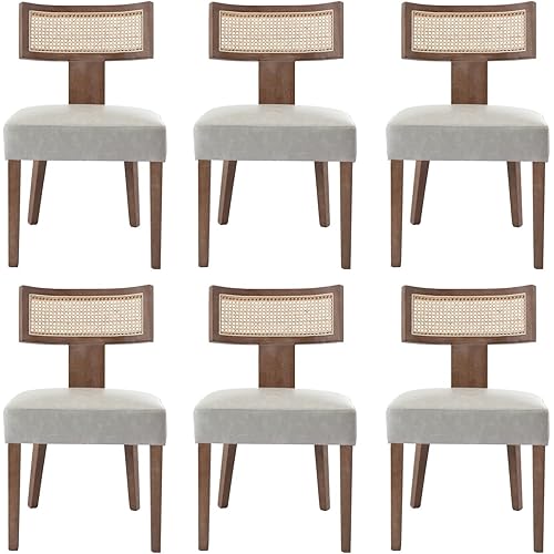 HNY Mid Century Modern Rattan Dining Chairs Set of 6, Farmhouse PU Leather Upholstered Accent Chair Curved Backrest Kitchen Chairs, with Hardwood Frame, Grey
