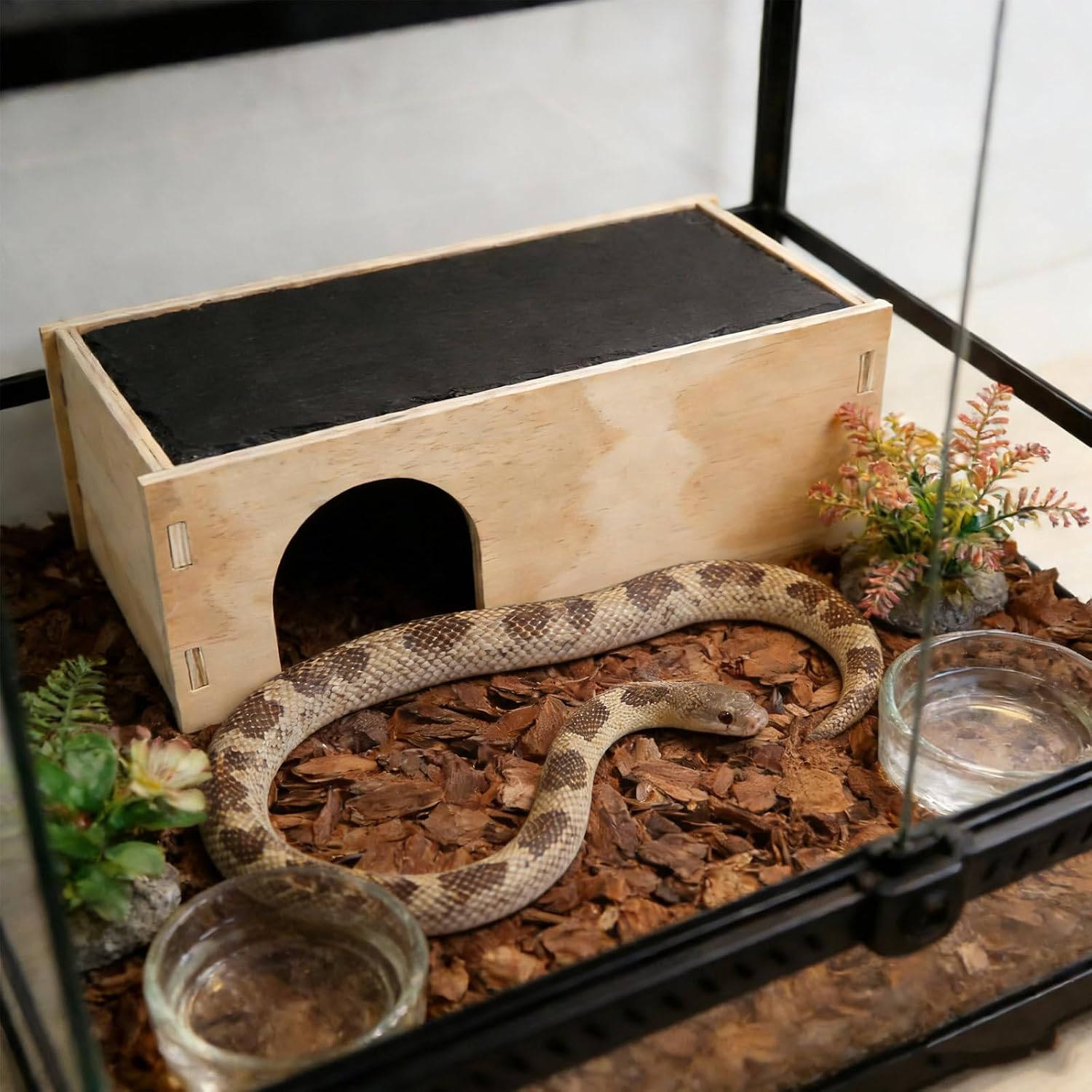 Slate Basking Platform with Wooden Hideout - 2-in-1 Reptile Lounger & Cave for Snakes, Bearded Dragons & Geckos