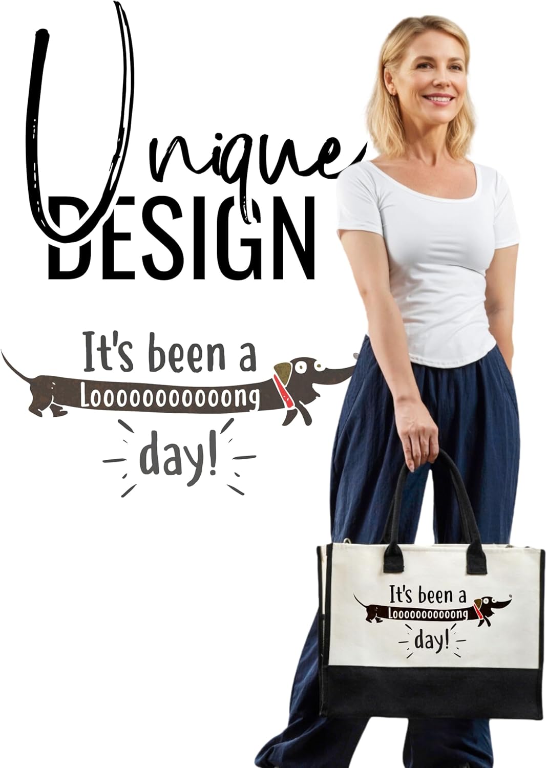 InnoBeta Dachshund Gifts for Women, Canvas Tote Bag with Top Zipper Closure and Shoulder Strap for Birthday, Mother's Day, Christmas - it's been a long day - Image 2