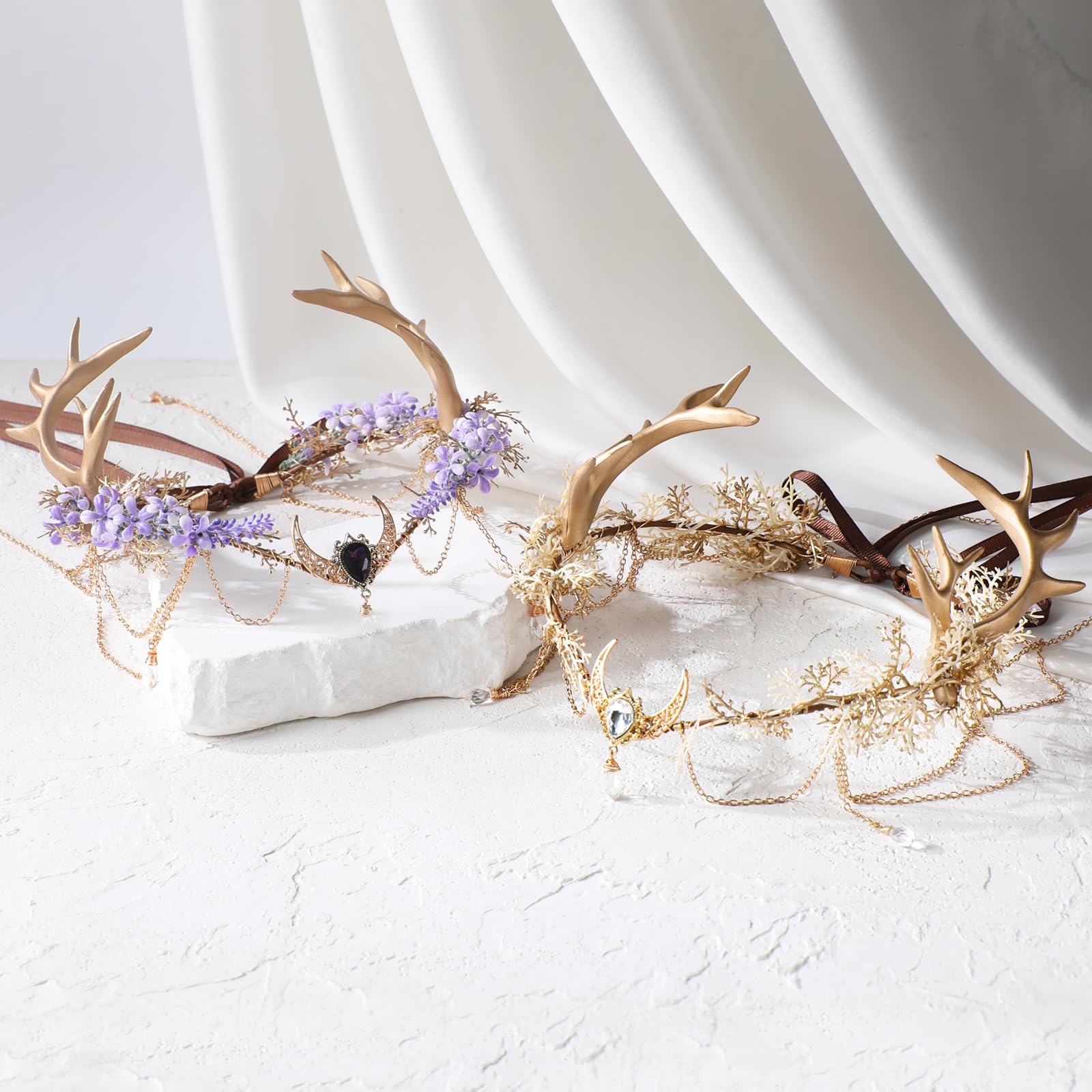 MOSTORY Couronne de fleurs pour costume de chevreuil, couronne de fleurs dorées avec pompon et lune pour cosplay, costume de carnaval