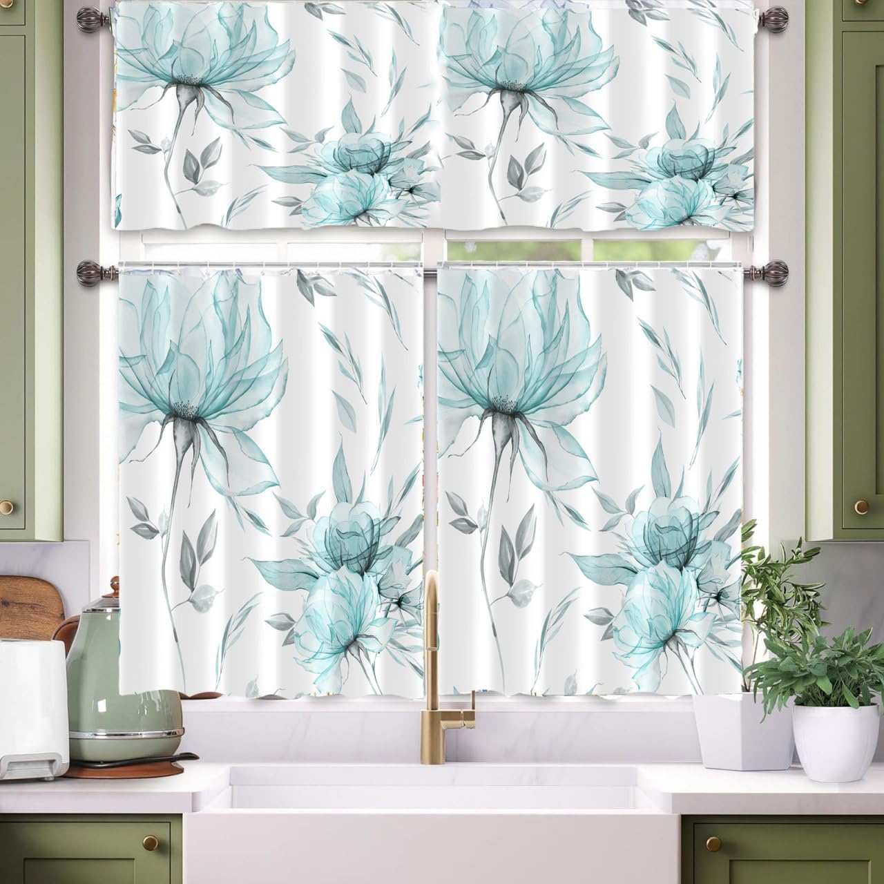 PRETYZOOM 3 Pieces Watercolor Floral Curtains with Valance Sets for Windows, Light Spring Tiers Set for Over Sink Decor, 36"x26", Teal