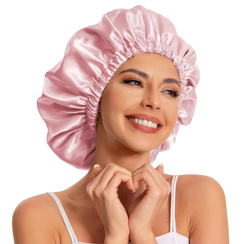 Touca de cetim dupla camada Edoneery para dormir, Head002-Blush Pink