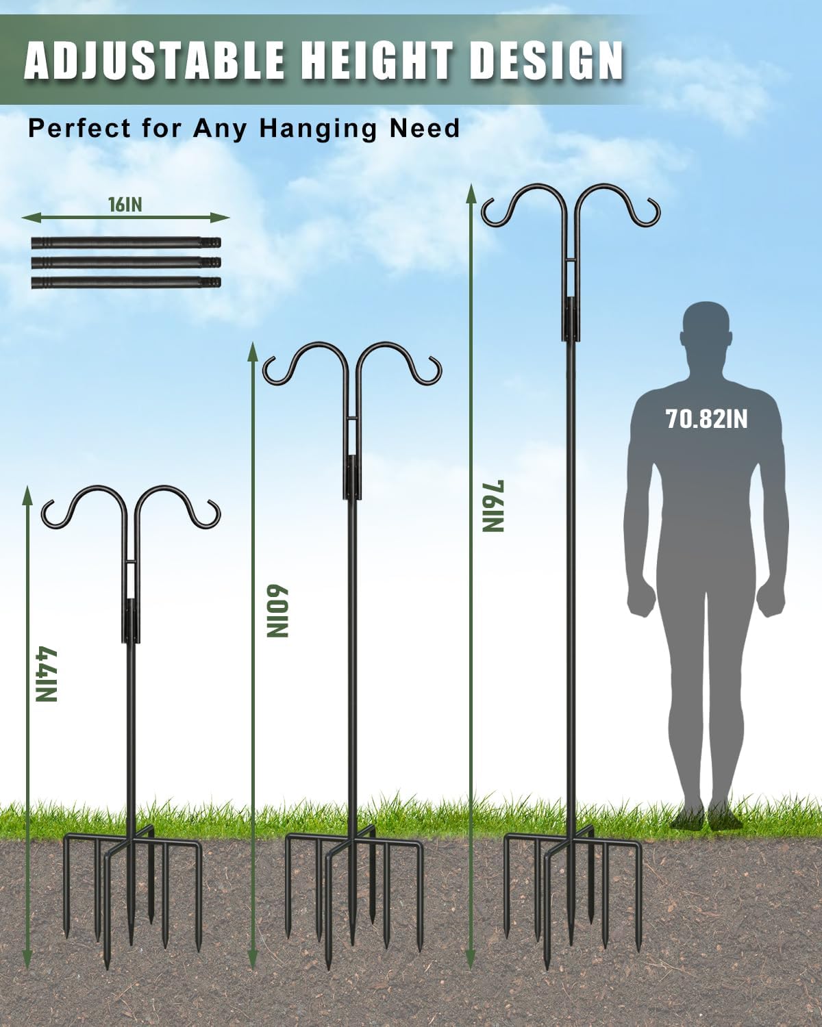 joyhalo Double Shepherds Hook for Outdoor, 76 Inch Heavy Duty Pole with 5 Prong Base, for Hanging Bird Feeders & Nests, Flower Baskets, Lanterns