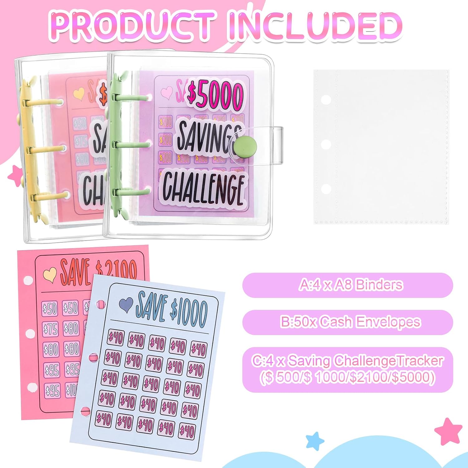 4 Pcs Money Saving Binder Envelope Dollar Savings Challenge Book Save $500, $1000, $2100, $5000, $150 pink, $150 blue, $300 blue, $300 pink (Classic) image 3